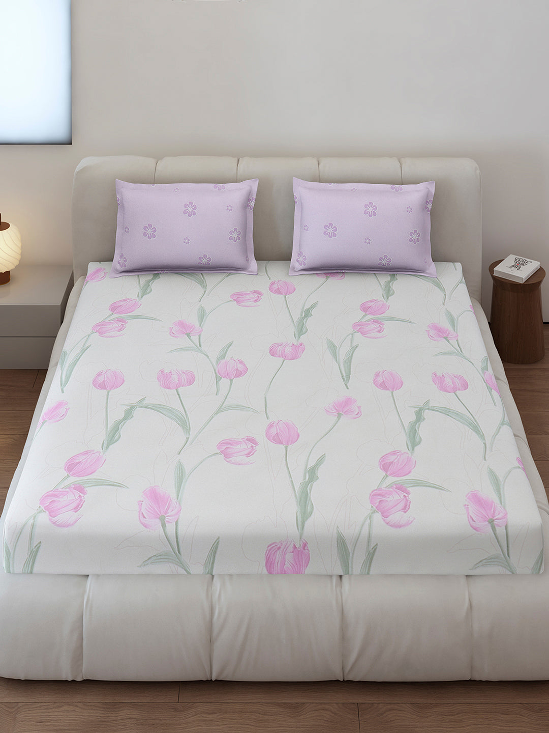 130 GSM Polyester King Size 1 Bedsheet with 2 Pillow Covers (Stanley)