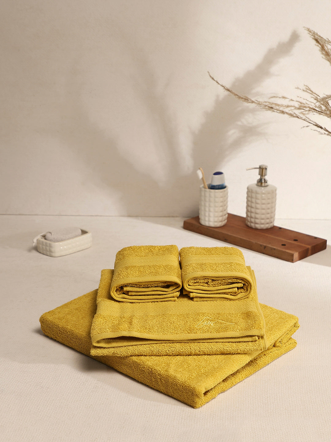 Mustard Cotton Solid 380 GSM 2 Bath Towel & 2 Hand Towel