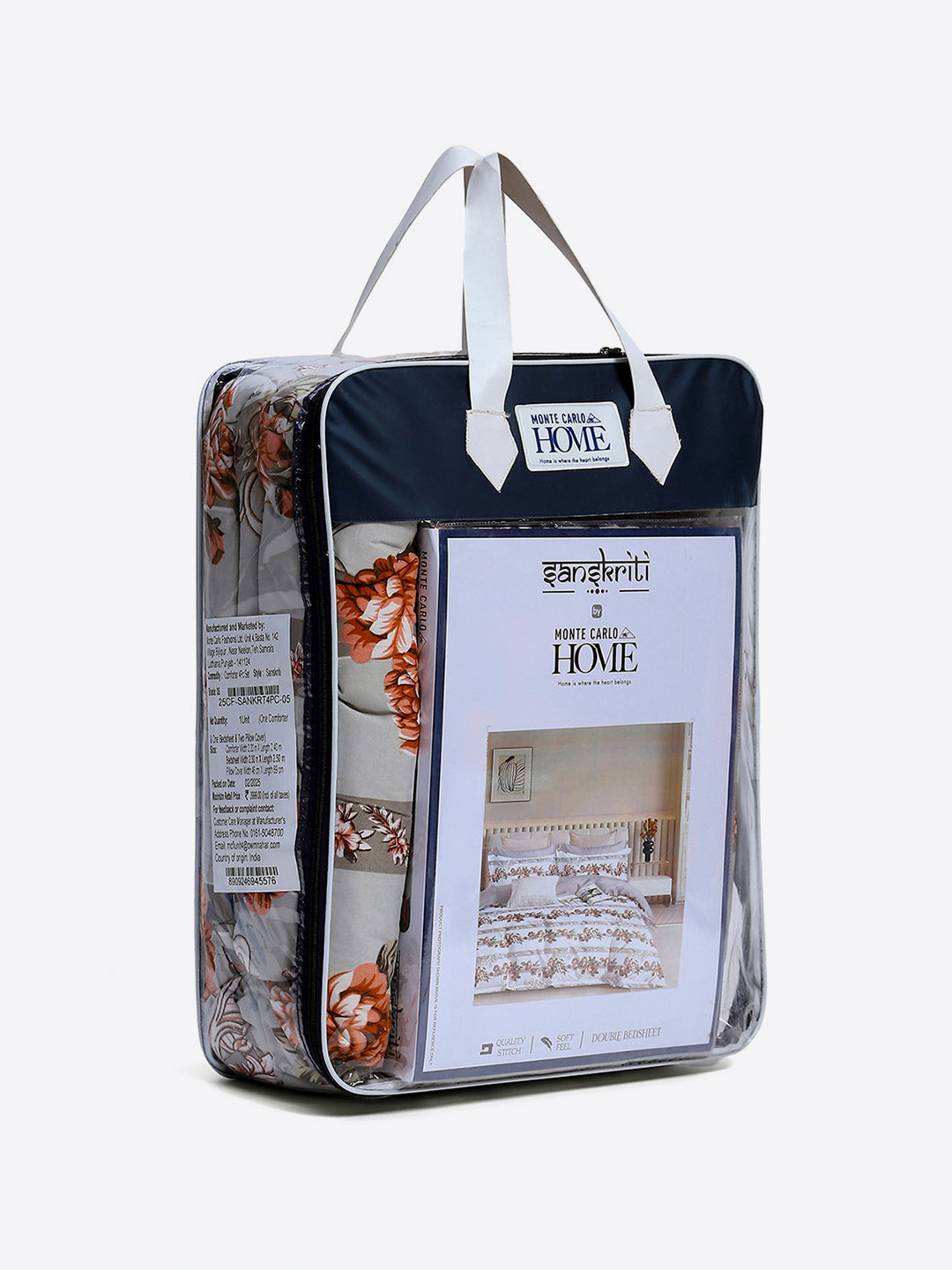 Printed Double Bed 130 GSM 4 Pc Bedding Set (1 Bedsheet, 1 AC Comforter & 2 Pillow Cover)