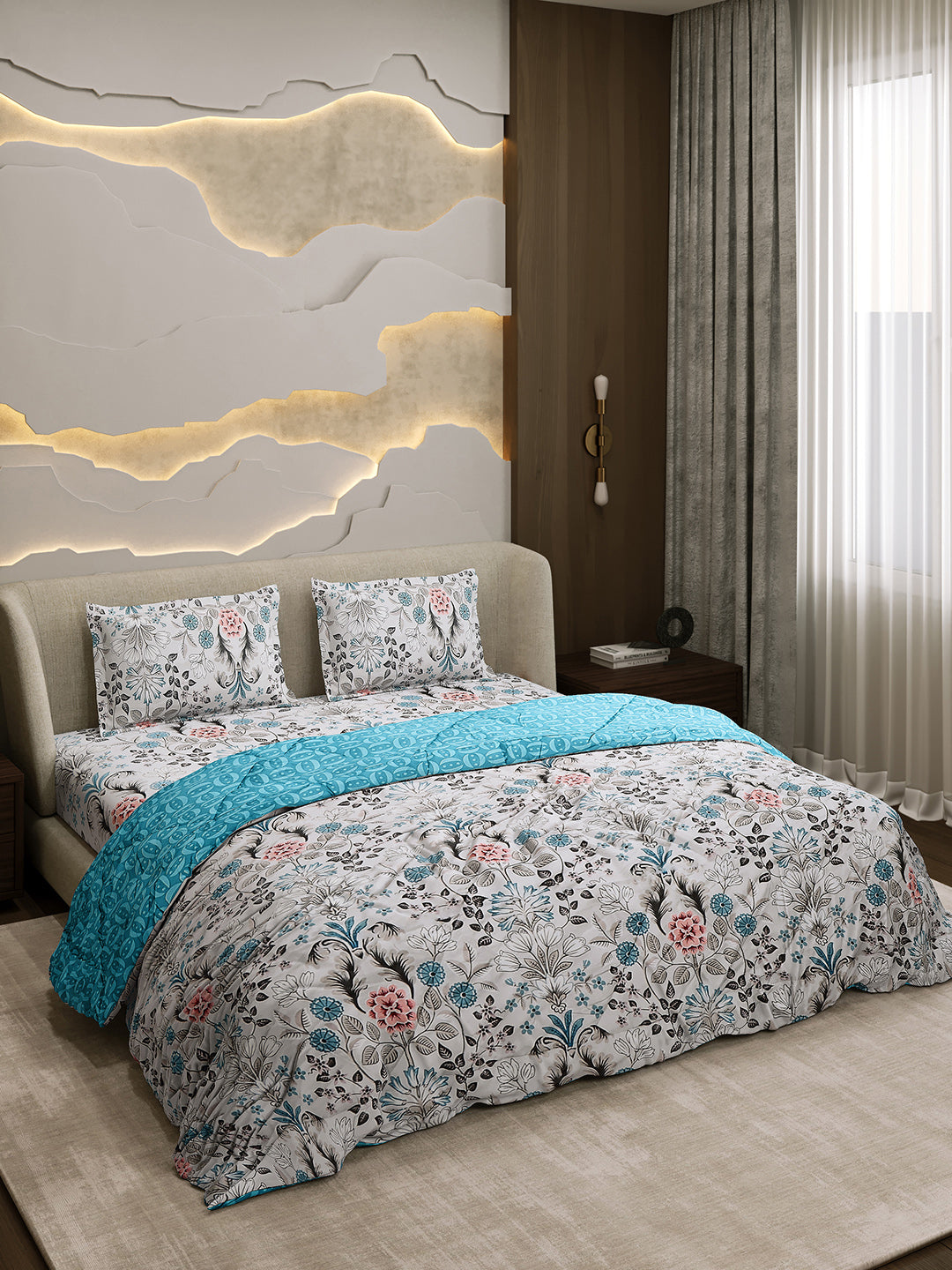 Printed Double Bed 130 GSM 4 Pc Bedding Set (1 Bedsheet, 1 AC Comforter & 2 Pillow Cover)