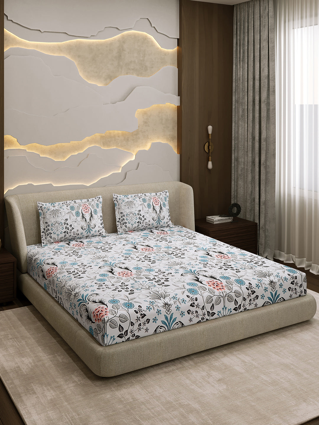 Printed Double Bed 130 GSM 4 Pc Bedding Set (1 Bedsheet, 1 AC Comforter & 2 Pillow Cover)