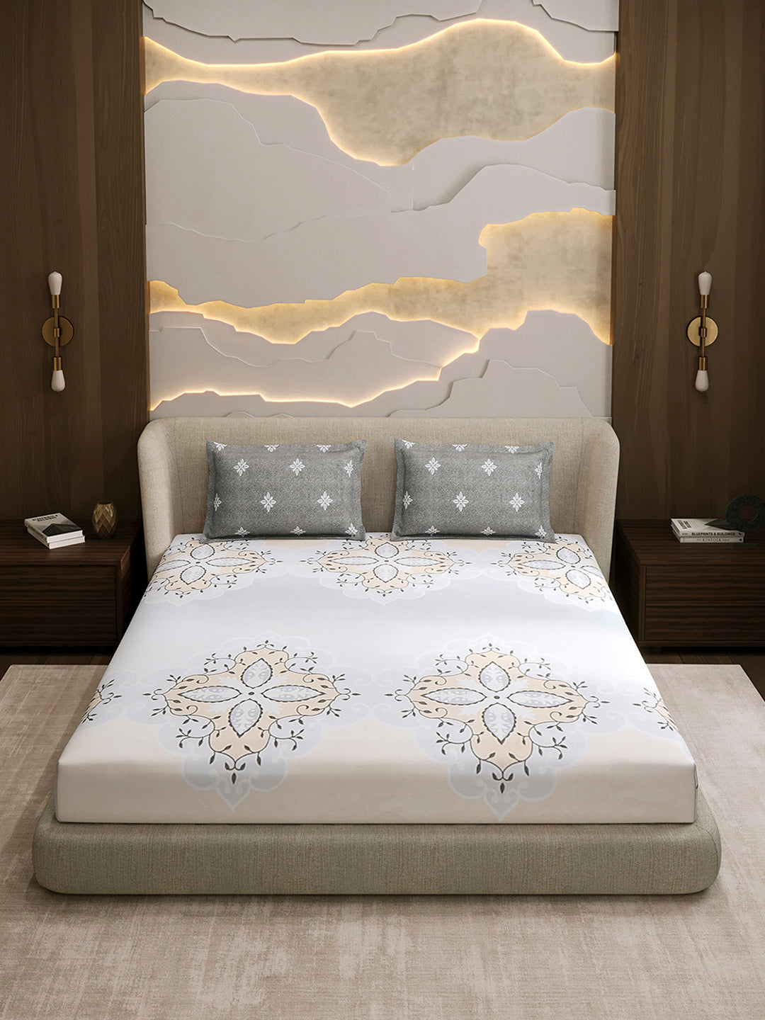 144 TC Cotton Double Bed 1 Fitted Bedsheet with 2 Pillow Cover (Solstice)
