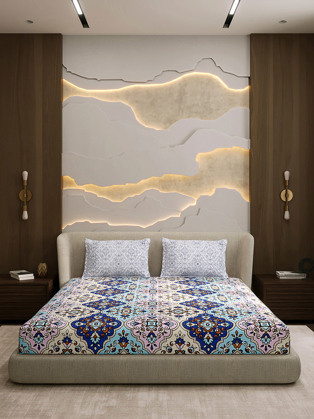 144 TC Cotton Double Bed 1 Fitted Bedsheet with 2 Pillow Cover (Solstice)