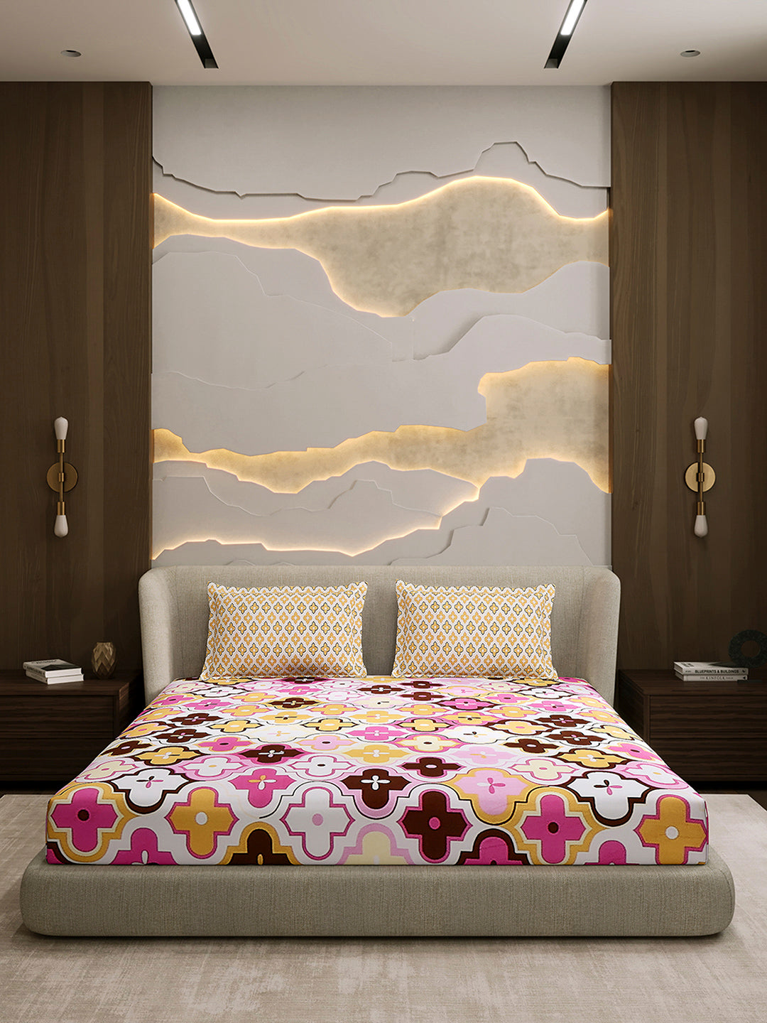 144 TC Cotton Double Bed 1 Fitted Bedsheet with 2 Pillow Cover (Solstice)