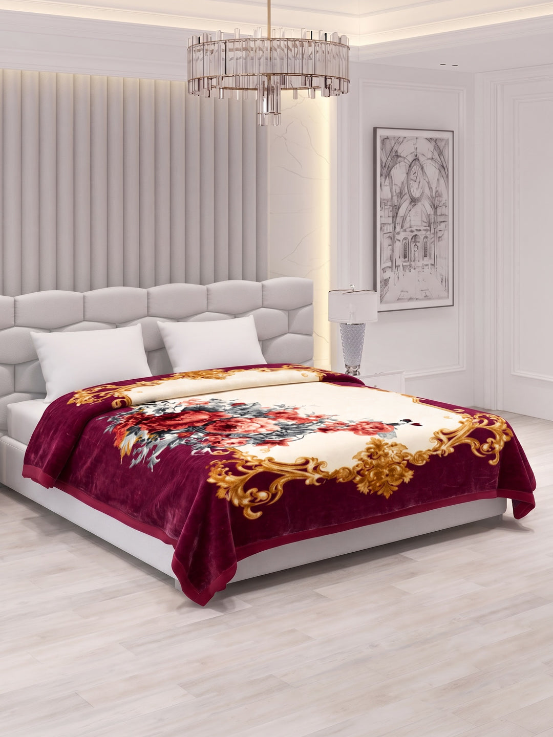 Floral Print Double Bed 2 Ply 1050 GSM Blanket for Winter (Emilia), Weight 5.5 kg