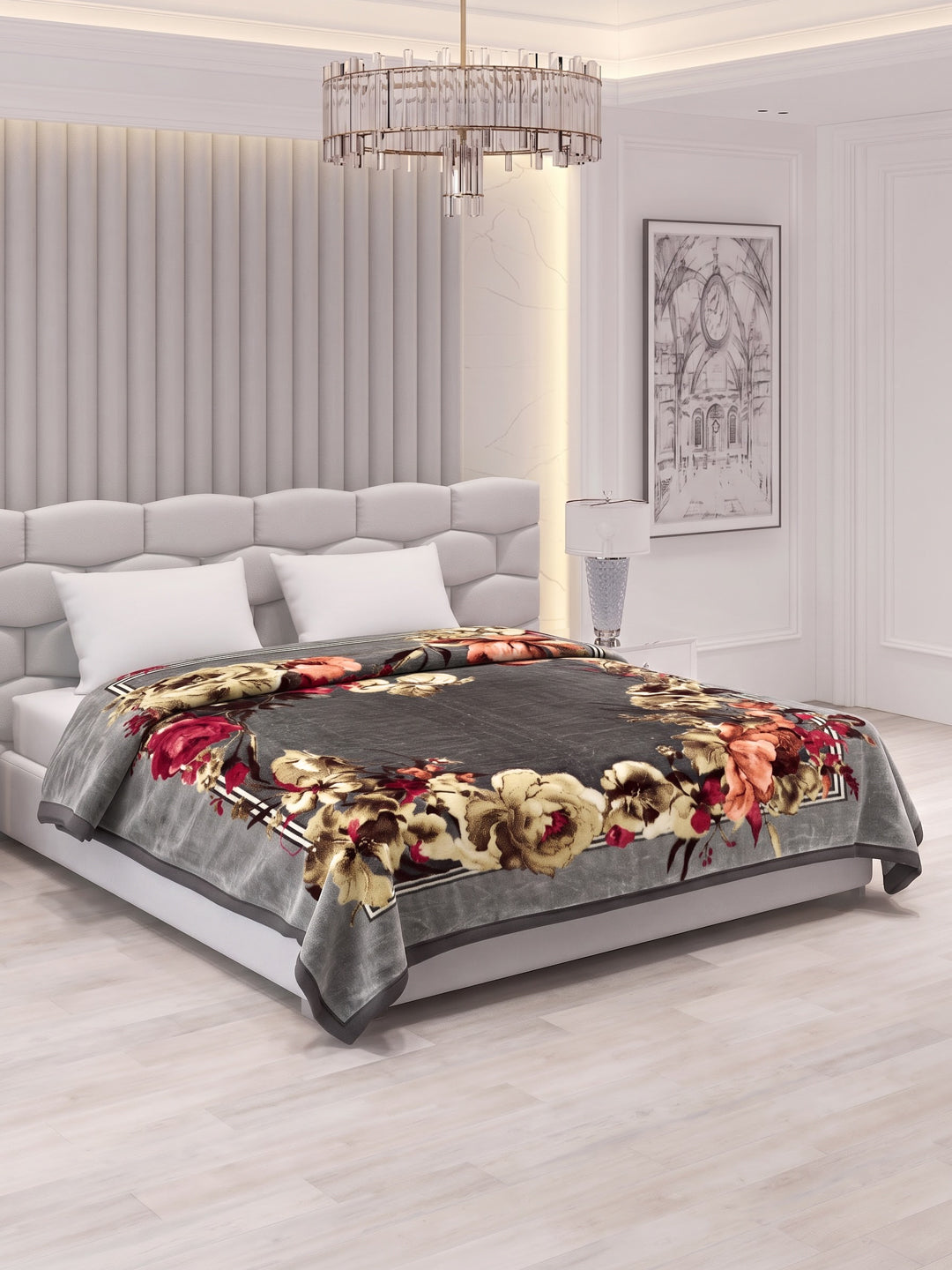 Floral Print Double Bed 2 Ply 1050 GSM Blanket for Winter (Emilia), Weight 5.5 kg