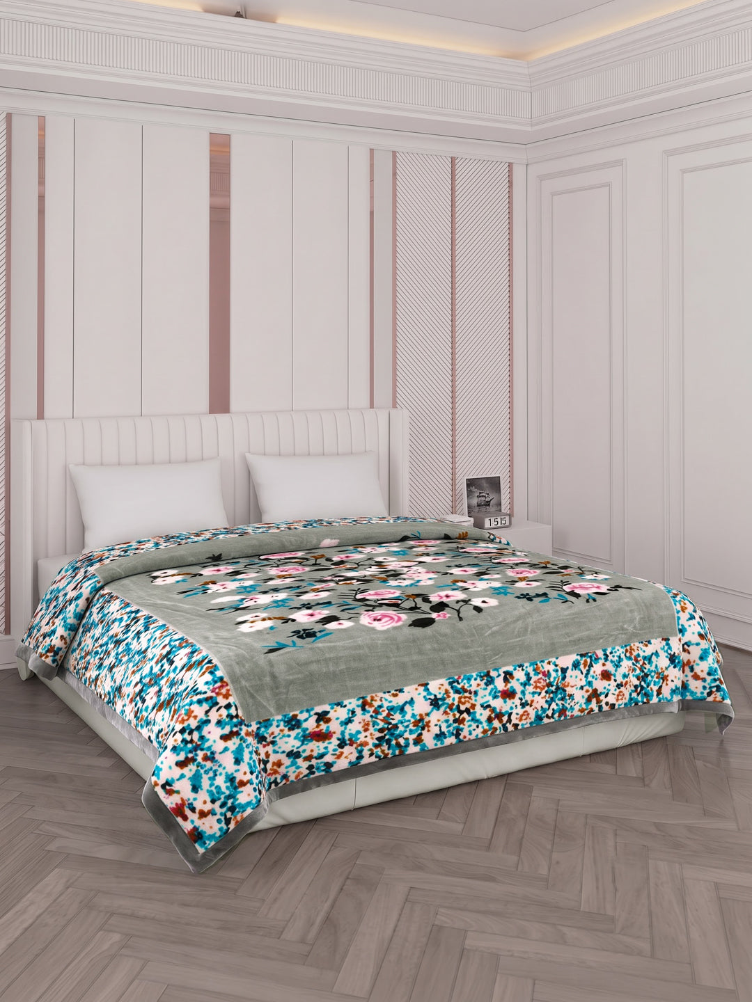 Floral Print Double Bed 2 Ply 1050 GSM Blanket for Winter (Emilia), Weight 5.5 kg
