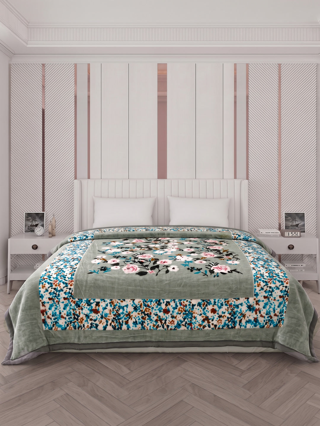 Floral Print Double Bed 2 Ply 1050 GSM Blanket for Winter (Emilia), Weight 5.5 kg