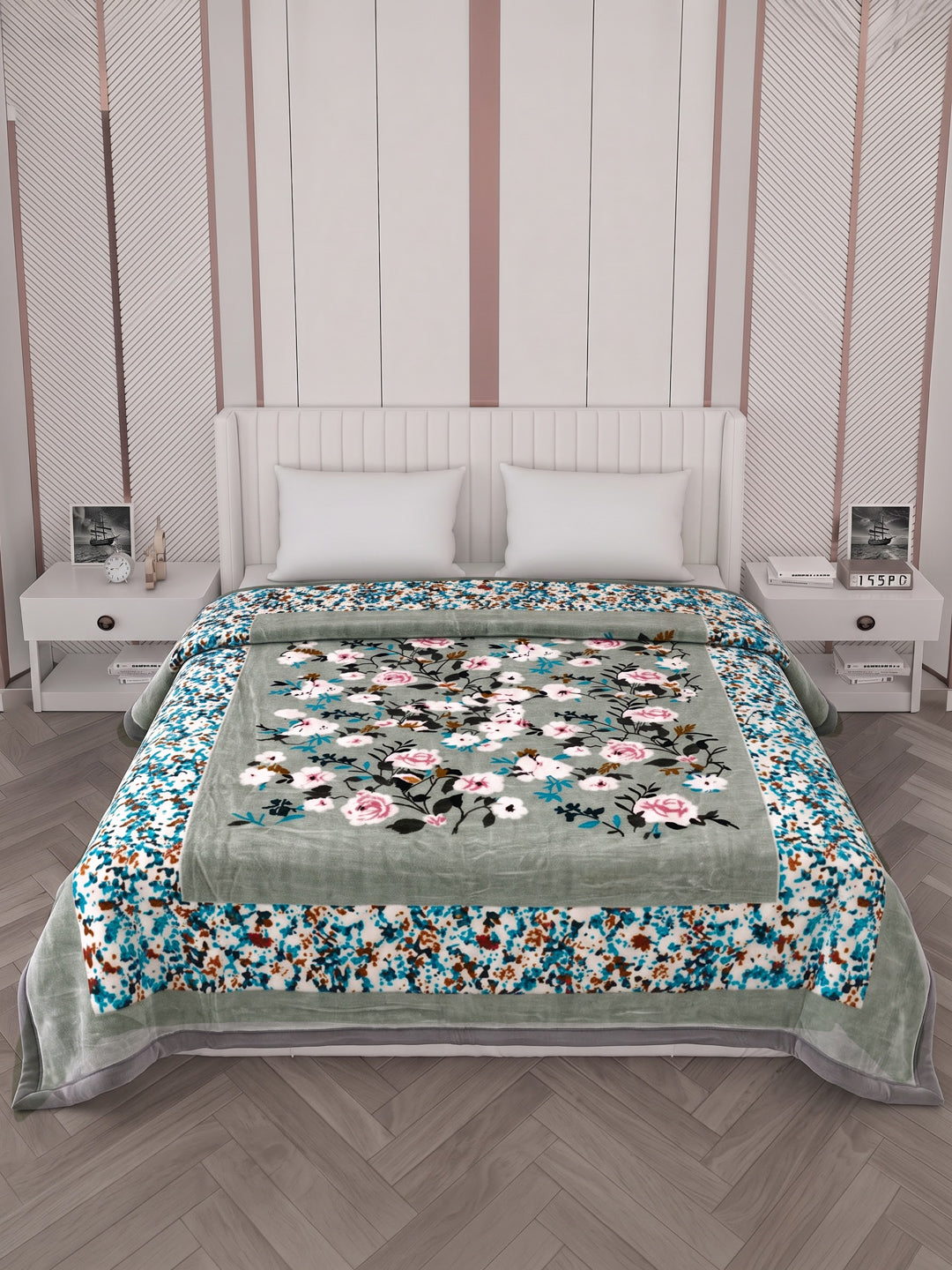 Floral Print Double Bed 2 Ply 1050 GSM Blanket for Winter (Emilia), Weight 5.5 kg