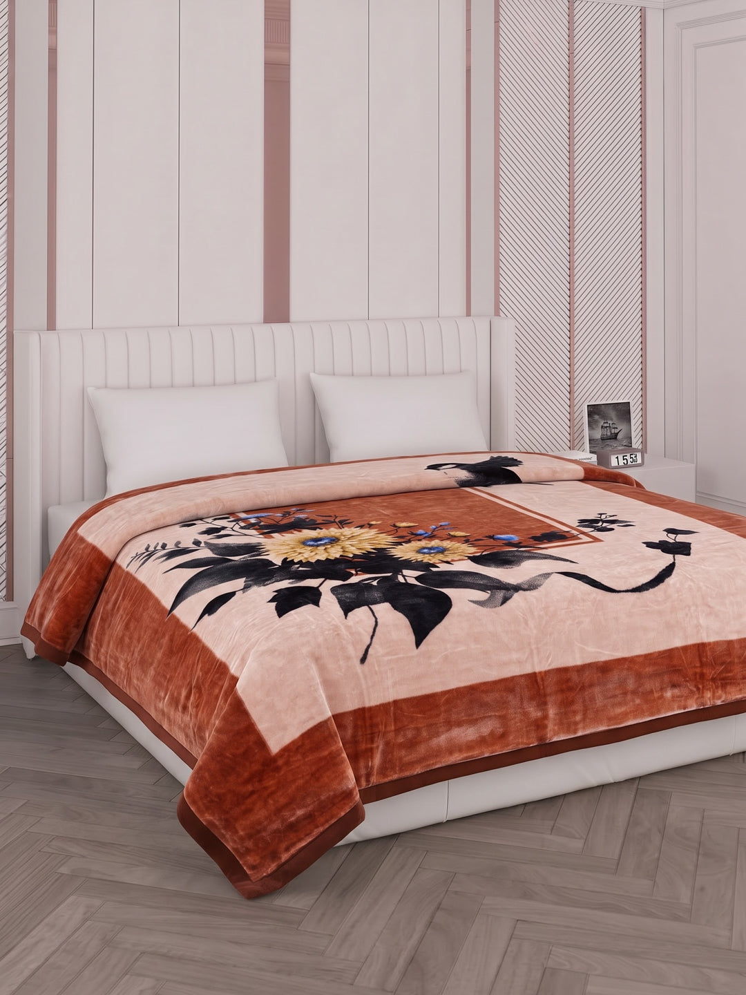 Floral Print Double Bed 2 Ply 1050 GSM Blanket for Winter (Emilia), Weight 5.5 kg