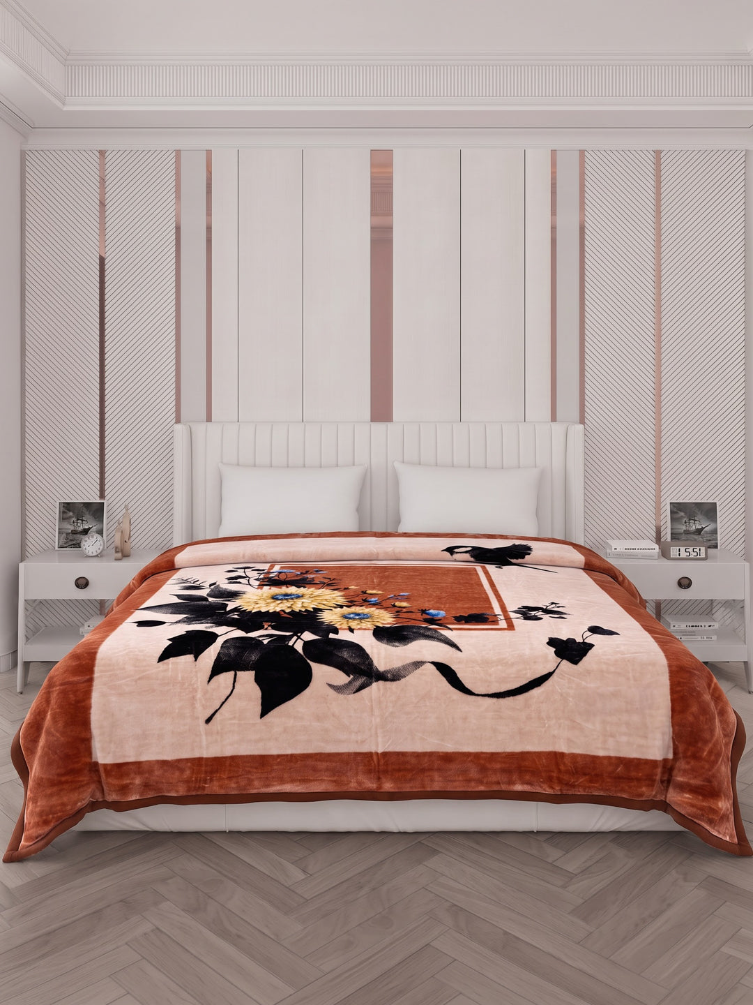 Floral Print Double Bed 2 Ply 1050 GSM Blanket for Winter (Emilia), Weight 5.5 kg