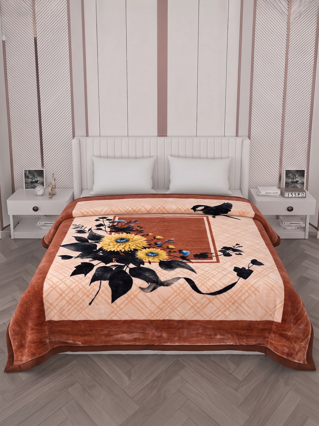 Floral Print Double Bed 2 Ply 1050 GSM Blanket for Winter (Emilia), Weight 5.5 kg