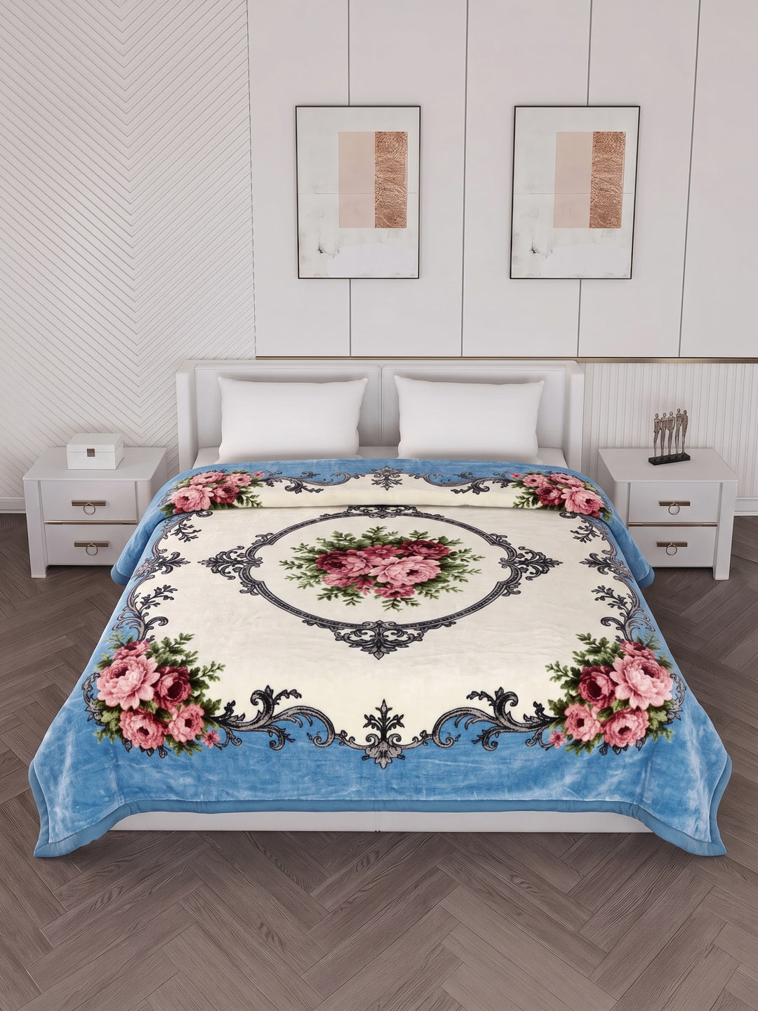 Floral Print Double Bed 2 Ply 1050 GSM Blanket for Winter (Emilia), Weight 5.5 kg