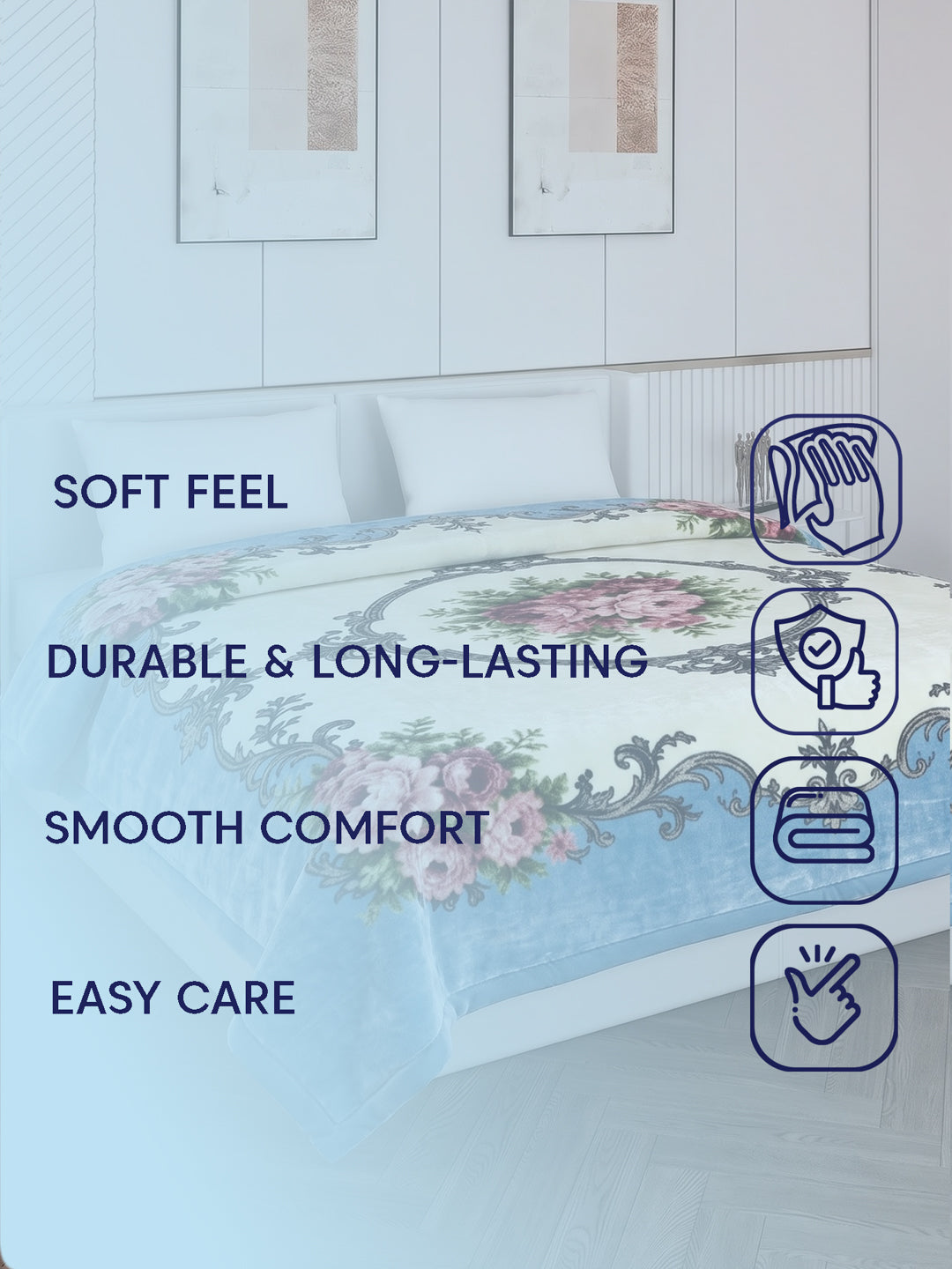 Floral Print Double Bed 2 Ply 1050 GSM Blanket for Winter (Emilia), Weight 5.5 kg