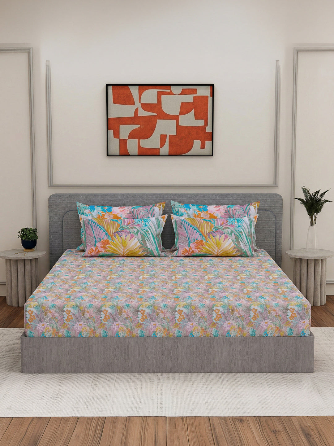 Luxury 300 TC Pure Cotton King Size Bedsheet with 4 Pillow Covers Brush & Bloom Collection