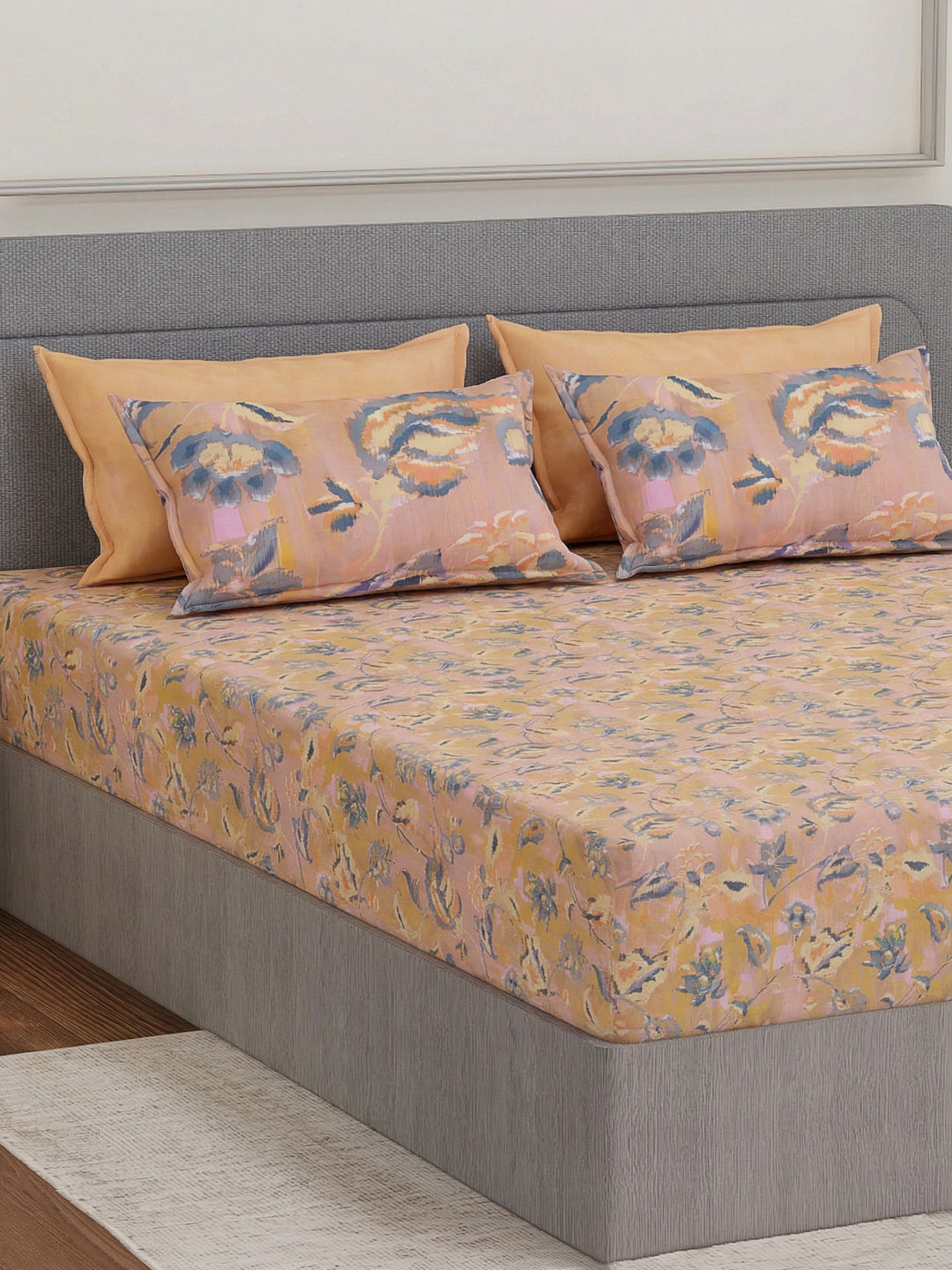 Luxury 300 TC Pure Cotton King Size Bedsheet with 4 Pillow Covers Brush & Bloom Collection
