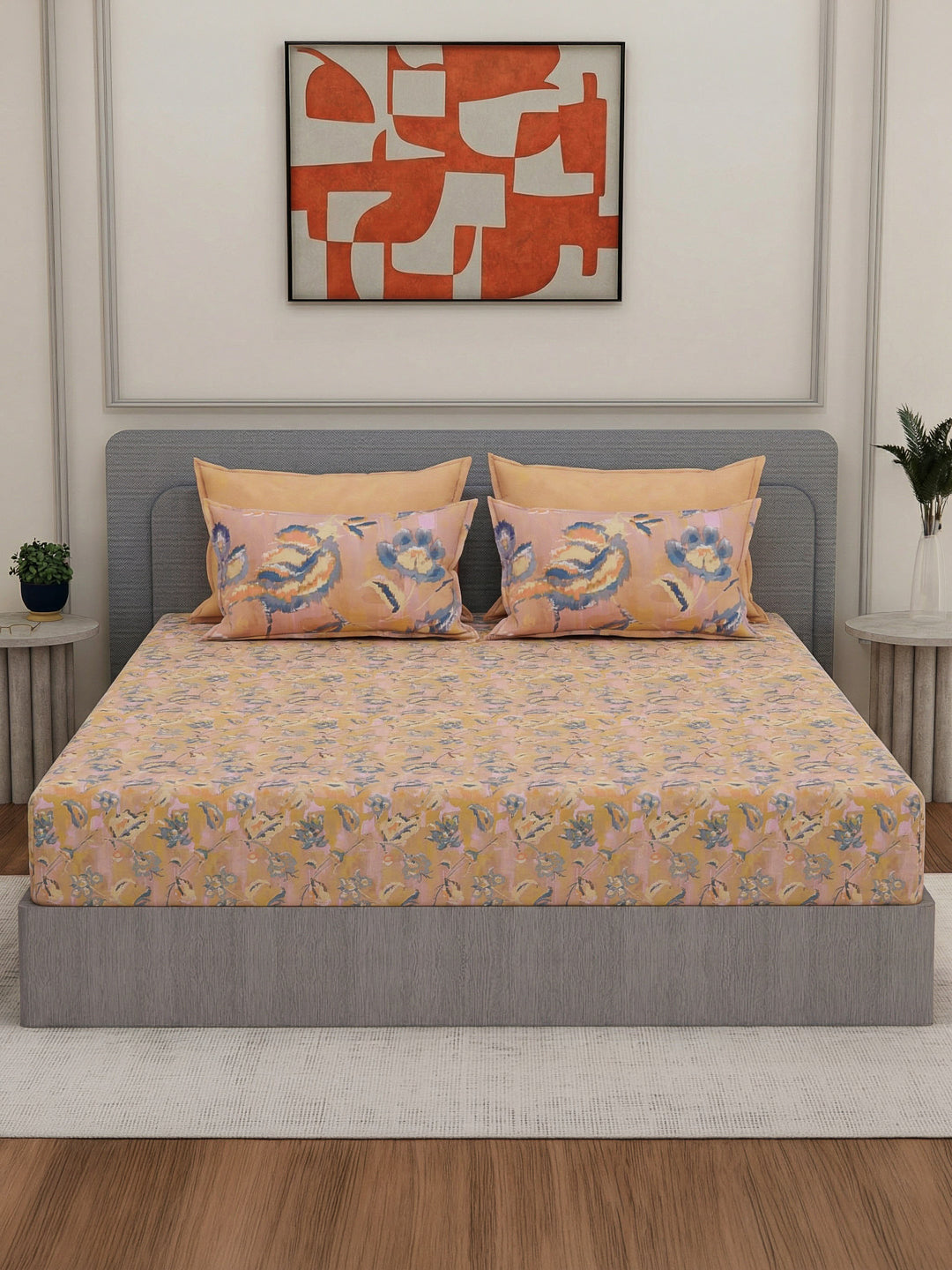 Luxury 300 TC Pure Cotton King Size Bedsheet with 4 Pillow Covers Brush & Bloom Collection
