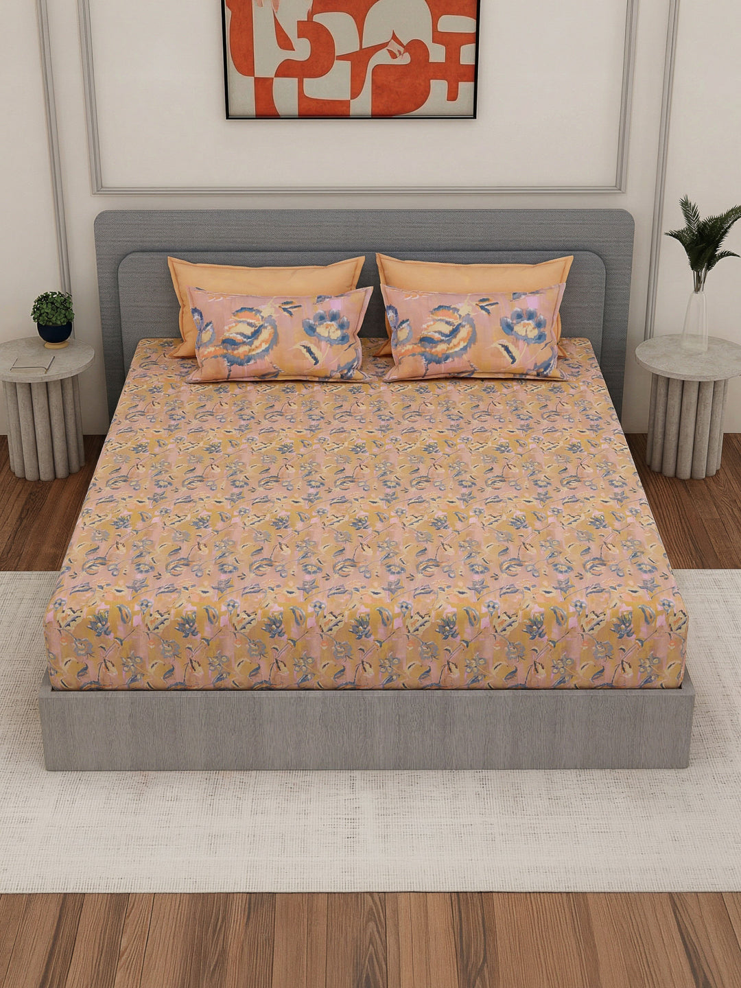 Luxury 300 TC Pure Cotton King Size Bedsheet with 4 Pillow Covers Brush & Bloom Collection