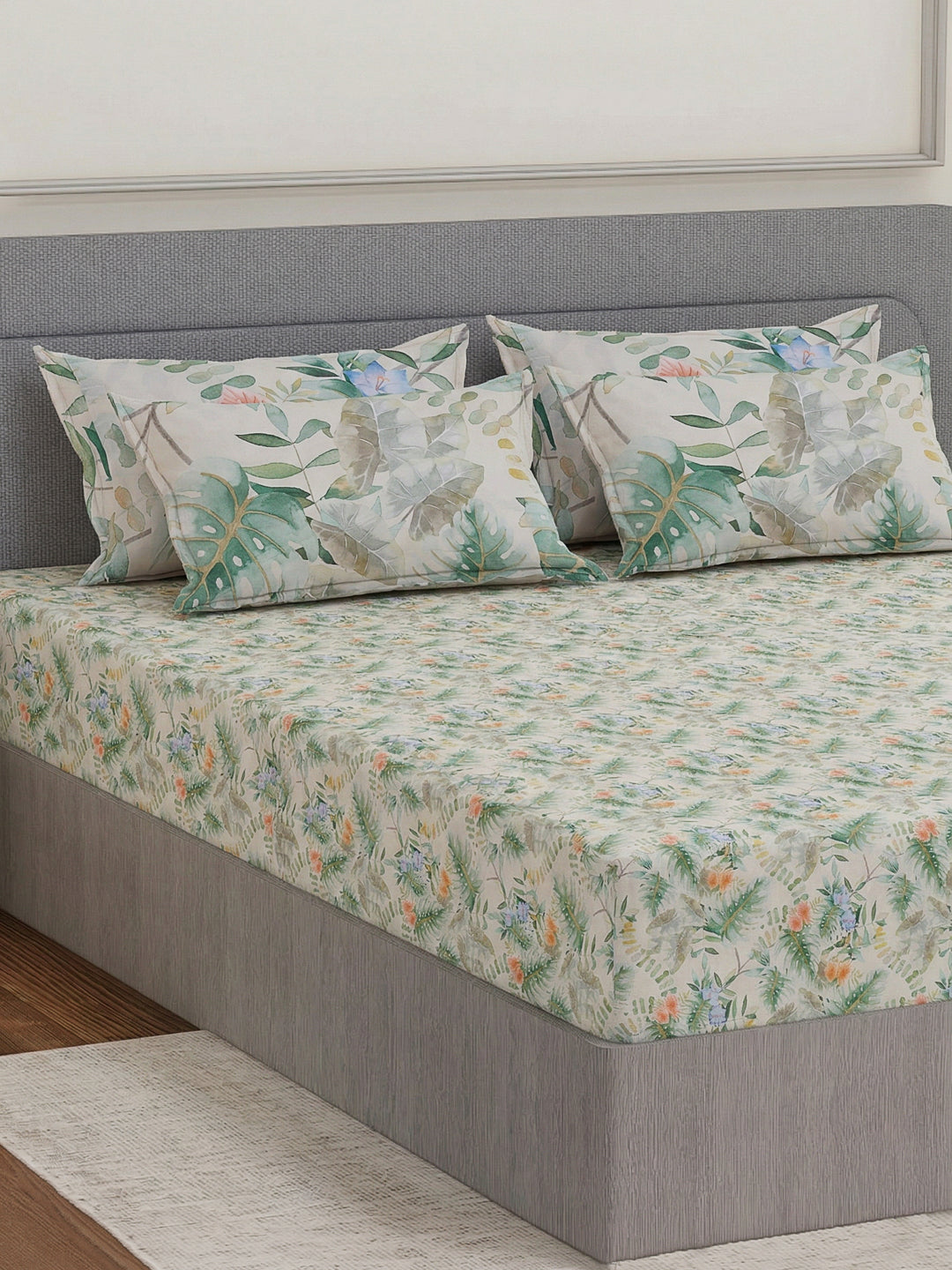 Luxury 300 TC Pure Cotton King Size Bedsheet with 4 Pillow Covers Brush & Bloom Collection