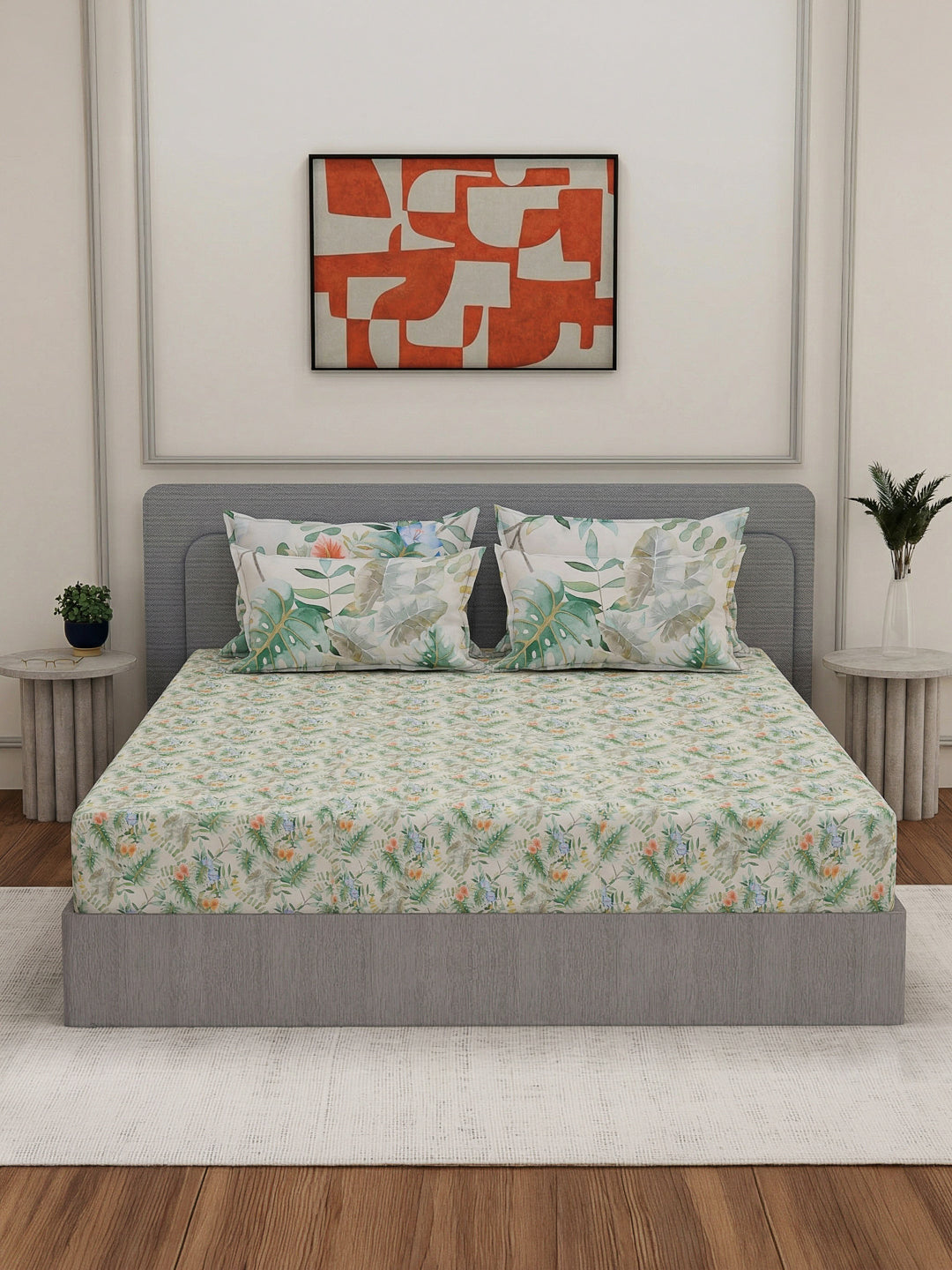 Luxury 300 TC Pure Cotton King Size Bedsheet with 4 Pillow Covers Brush & Bloom Collection