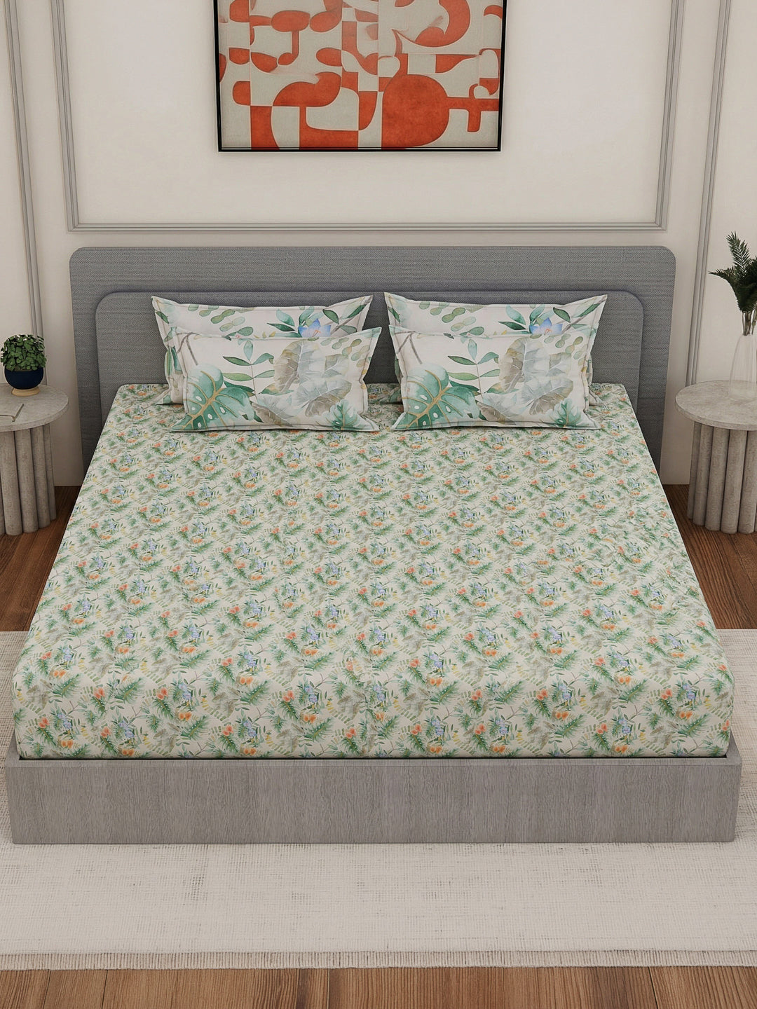 Luxury 300 TC Pure Cotton King Size Bedsheet with 4 Pillow Covers Brush & Bloom Collection