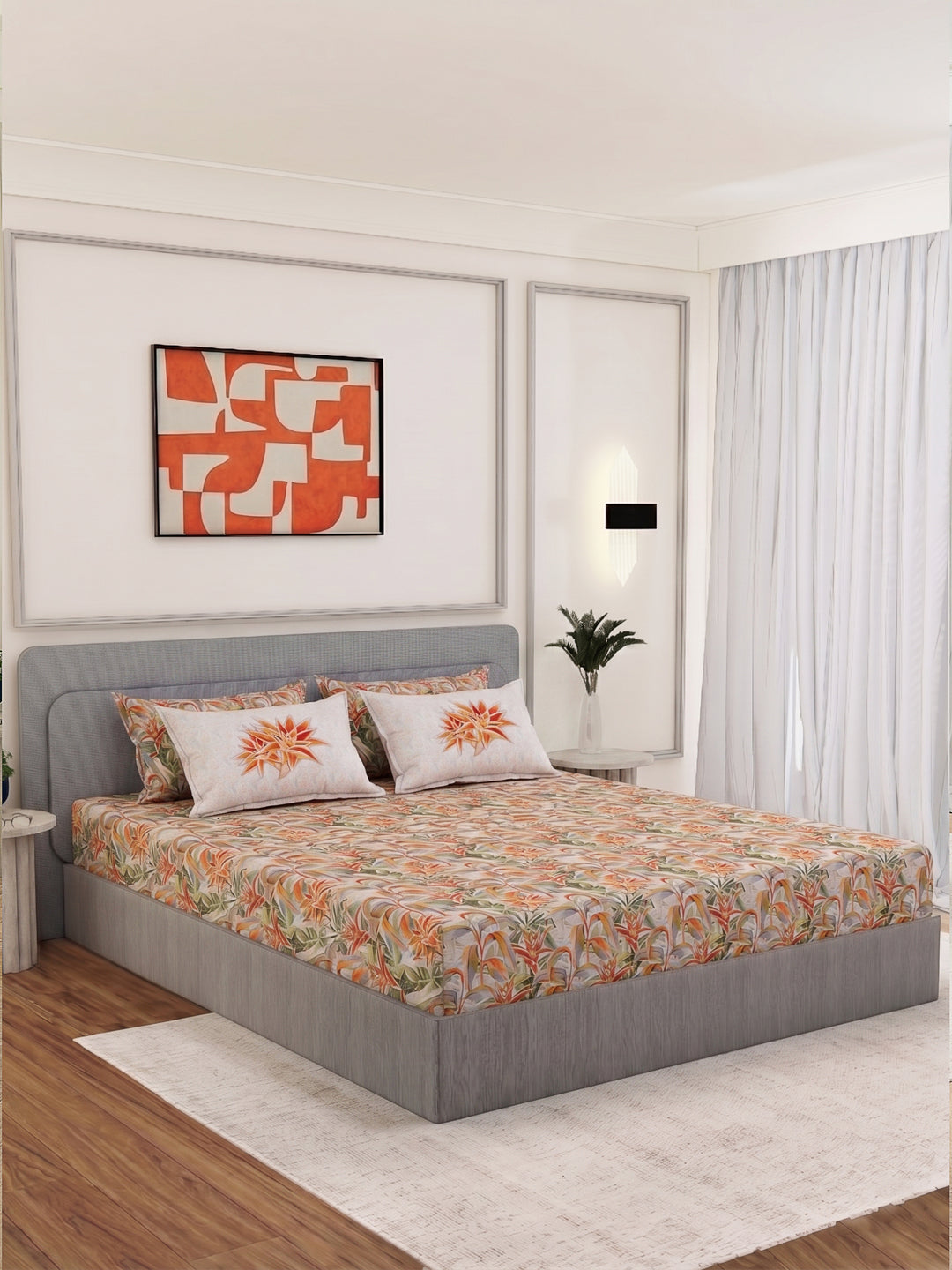 Luxury 300 TC Pure Cotton King Size Bedsheet with 4 Pillow Covers Brush & Bloom Collection