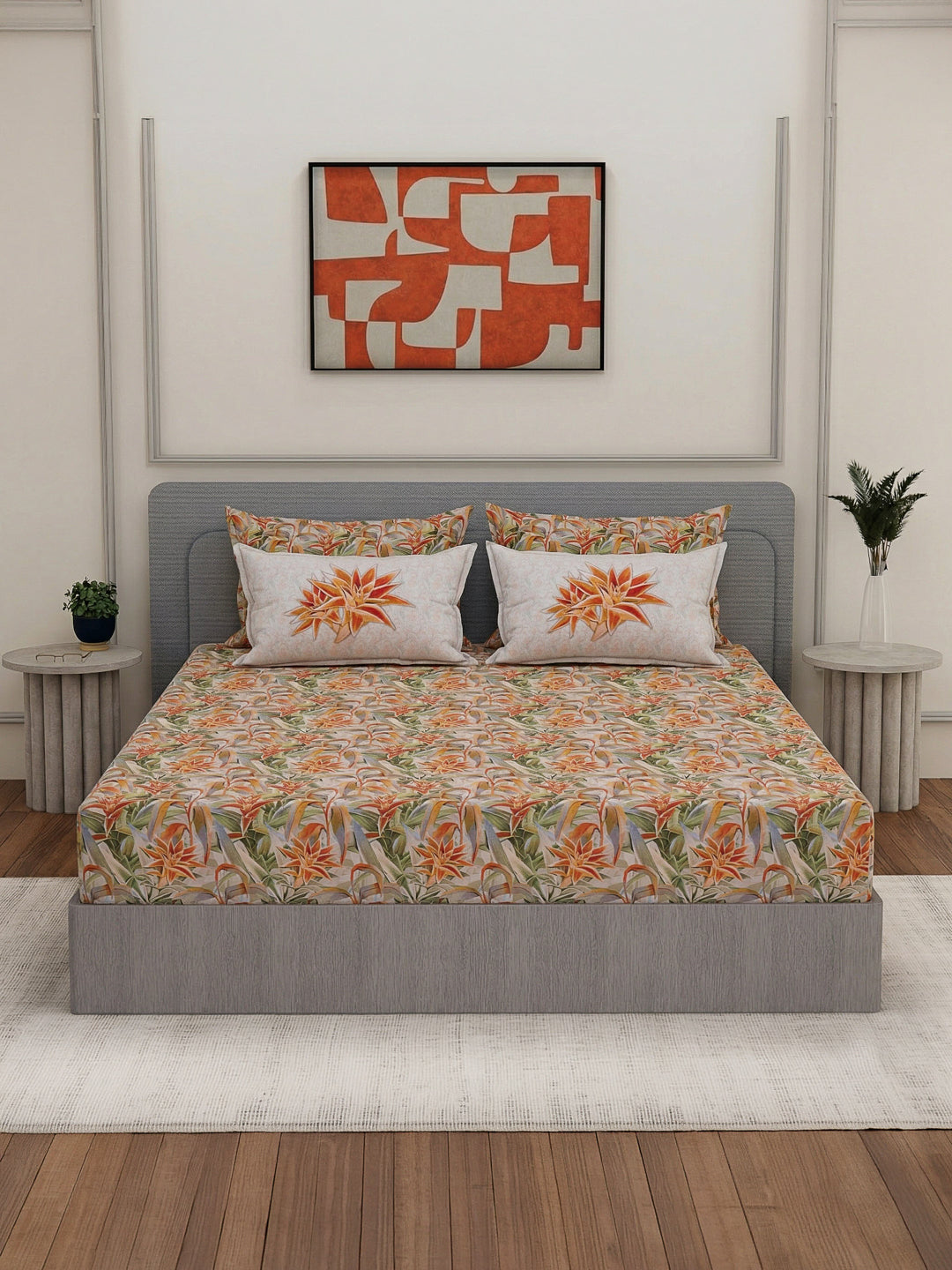 Luxury 300 TC Pure Cotton King Size Bedsheet with 4 Pillow Covers Brush & Bloom Collection