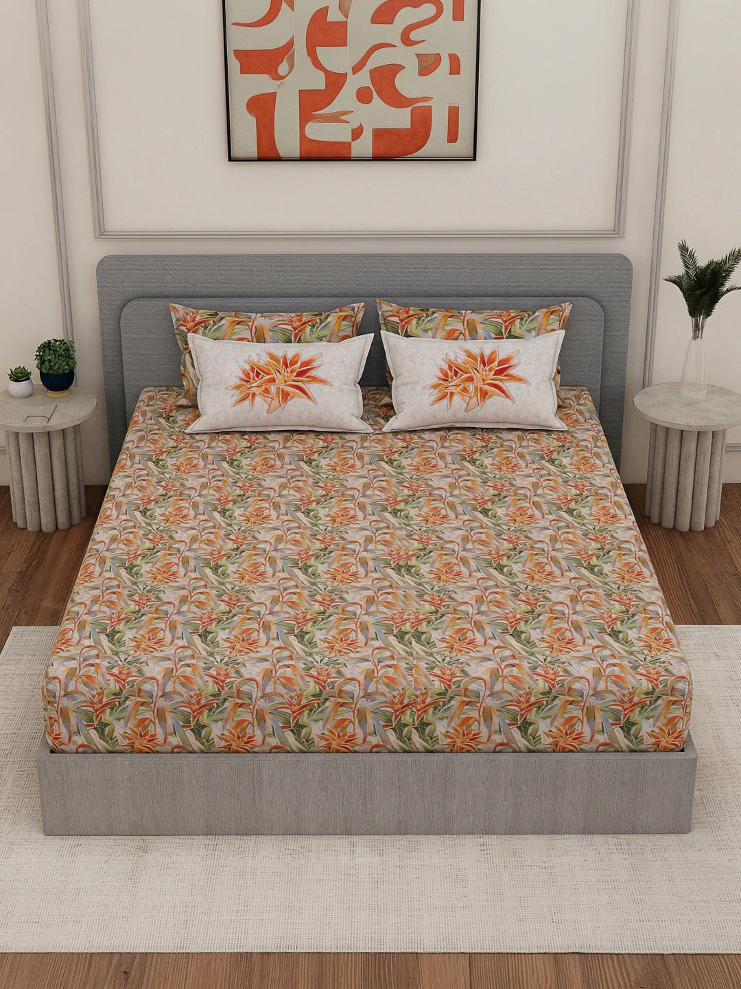 Luxury 300 TC Pure Cotton King Size Bedsheet with 4 Pillow Covers Brush & Bloom Collection