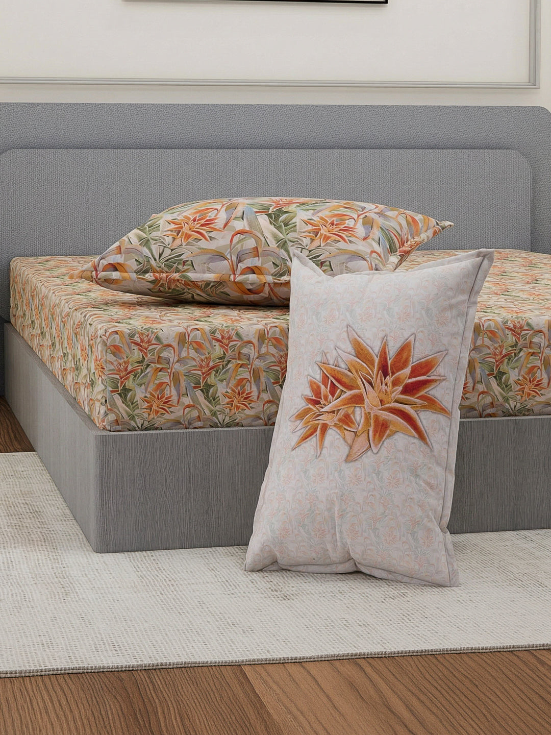 Luxury 300 TC Pure Cotton King Size Bedsheet with 4 Pillow Covers Brush & Bloom Collection