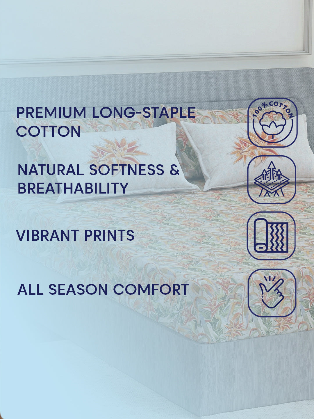 Luxury 300 TC Pure Cotton King Size Bedsheet with 4 Pillow Covers Brush & Bloom Collection