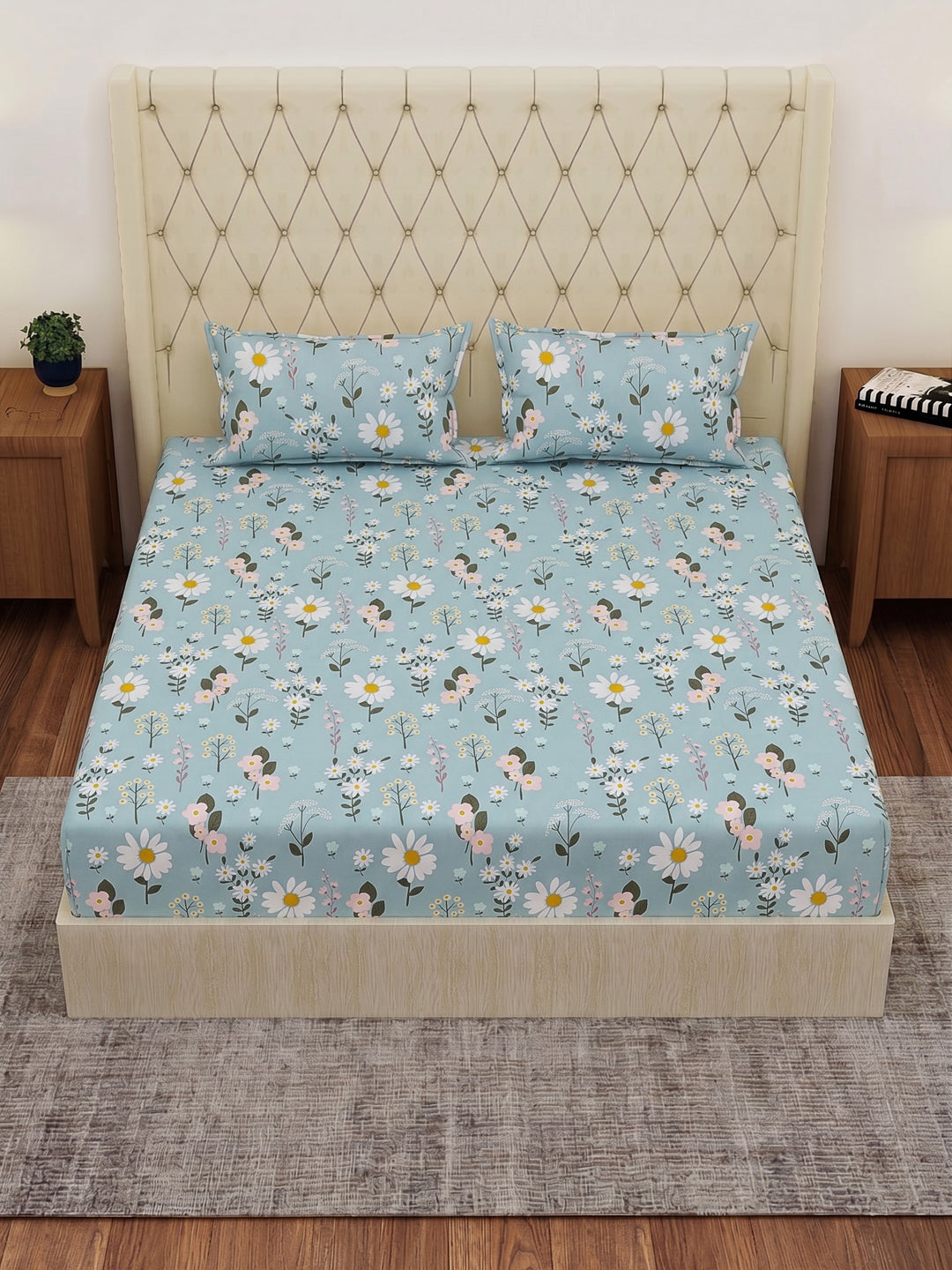 120 GSM Polyester Double Bed Bedsheet with 2 Pillow Covers Clara Collection