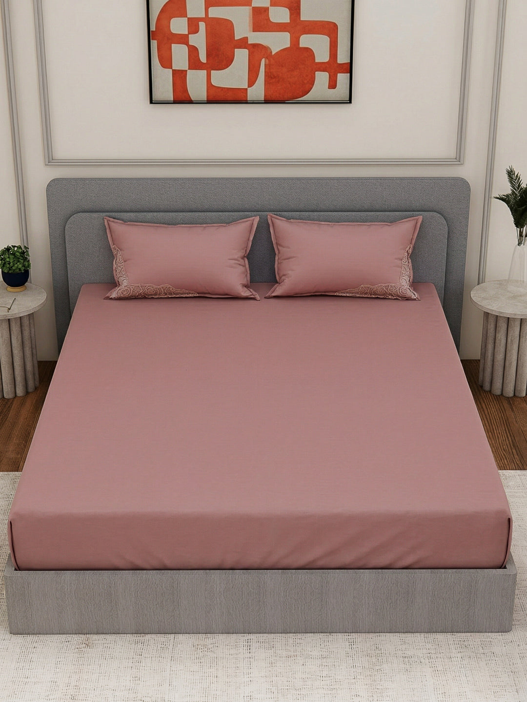 Luxury 400 TC Pure Cotton King Size Bedsheet with 2 Pillow Covers Lace Magic Collection