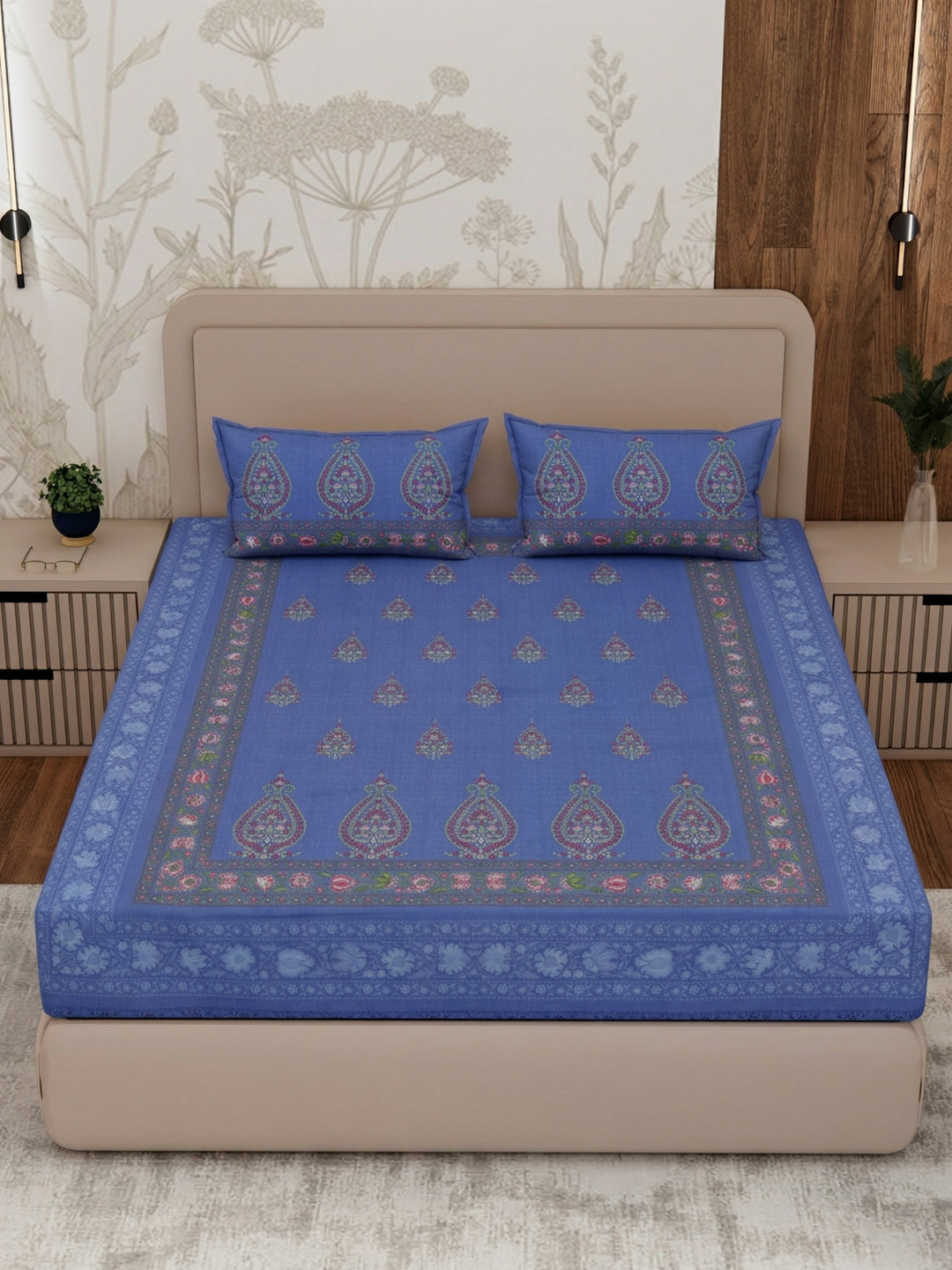 Premium 180 TC Pure Cotton King Size Bedsheet with 2 Pillow Covers Sanganeri Collection