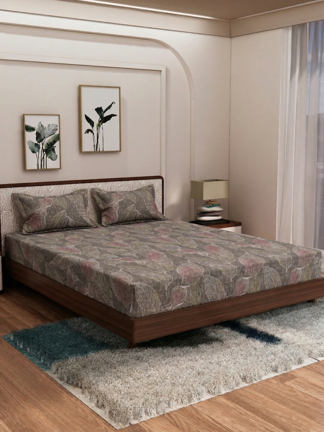 120 GSM Polyester King Size Bedsheet with 2 Pillow Covers Textura Jacquard Collection
