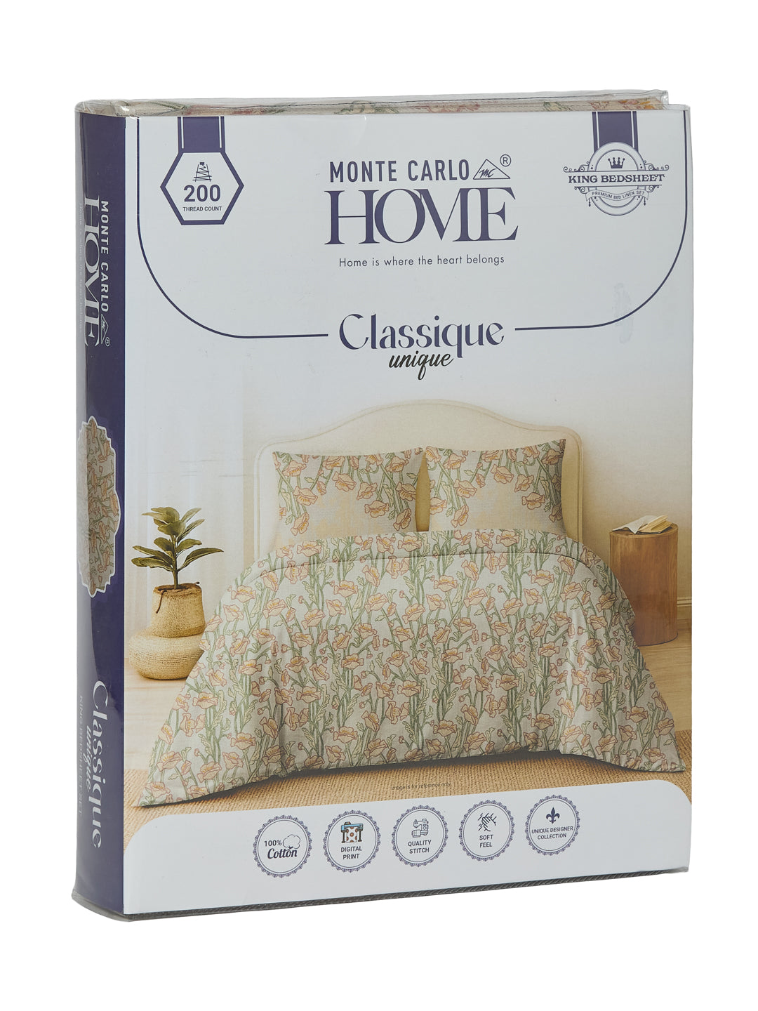 Premium 200 TC Pure Cotton King Size Bedsheet with 2 Pillow Covers Classique Unique Collection