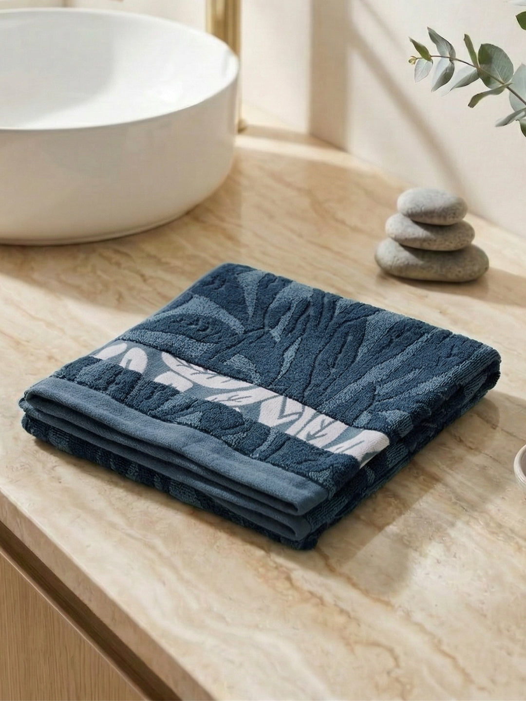 Luxury Navy Blue Bamboo Cotton Self Design 630 GSM Bath Towel Eco Bamboo Bliss 1 Pc Pvc