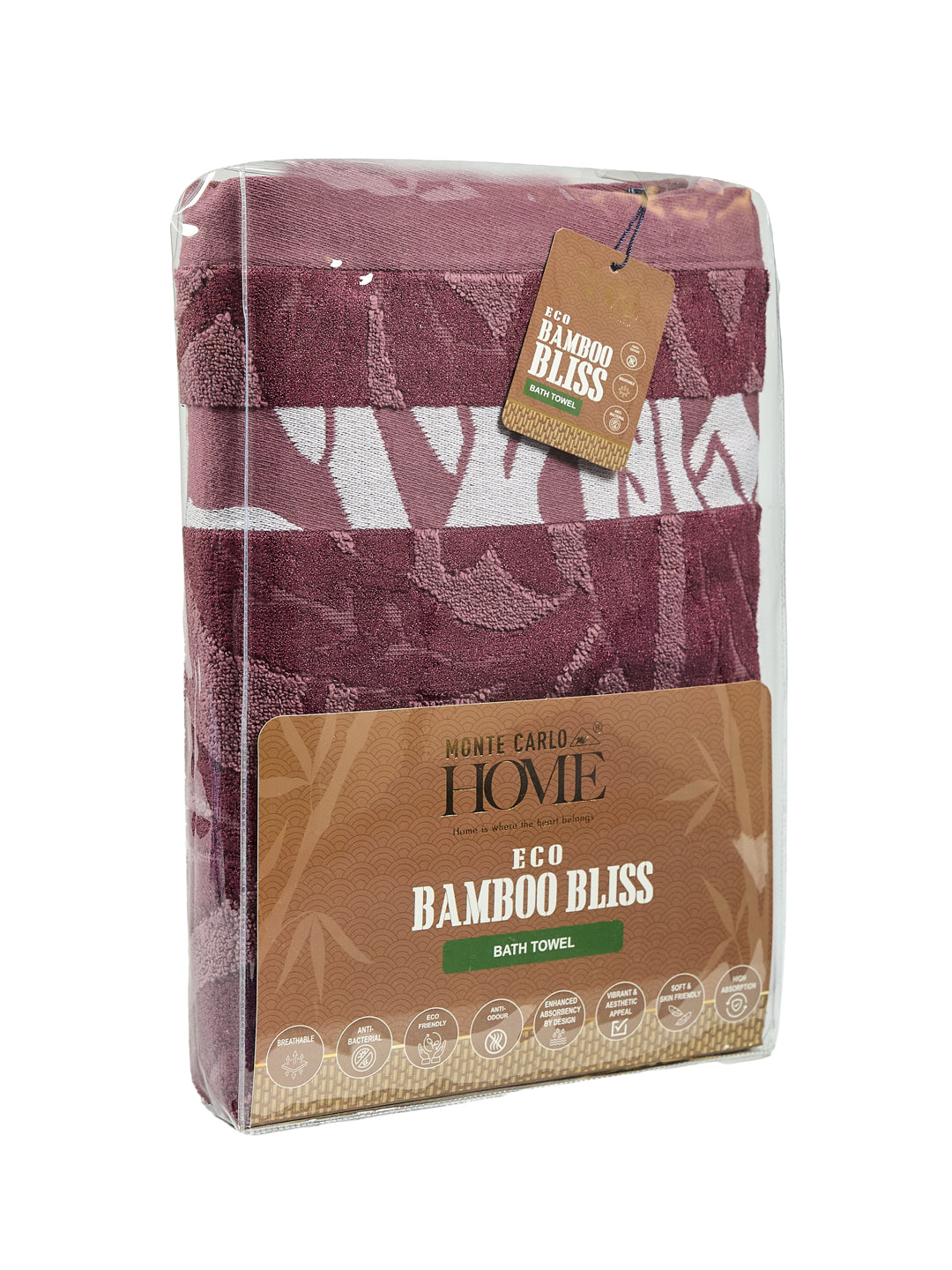 Luxury Burgundy Bamboo Cotton Self Design 630 GSM Bath Towel Eco Bamboo Bliss 1 Pc Pvc