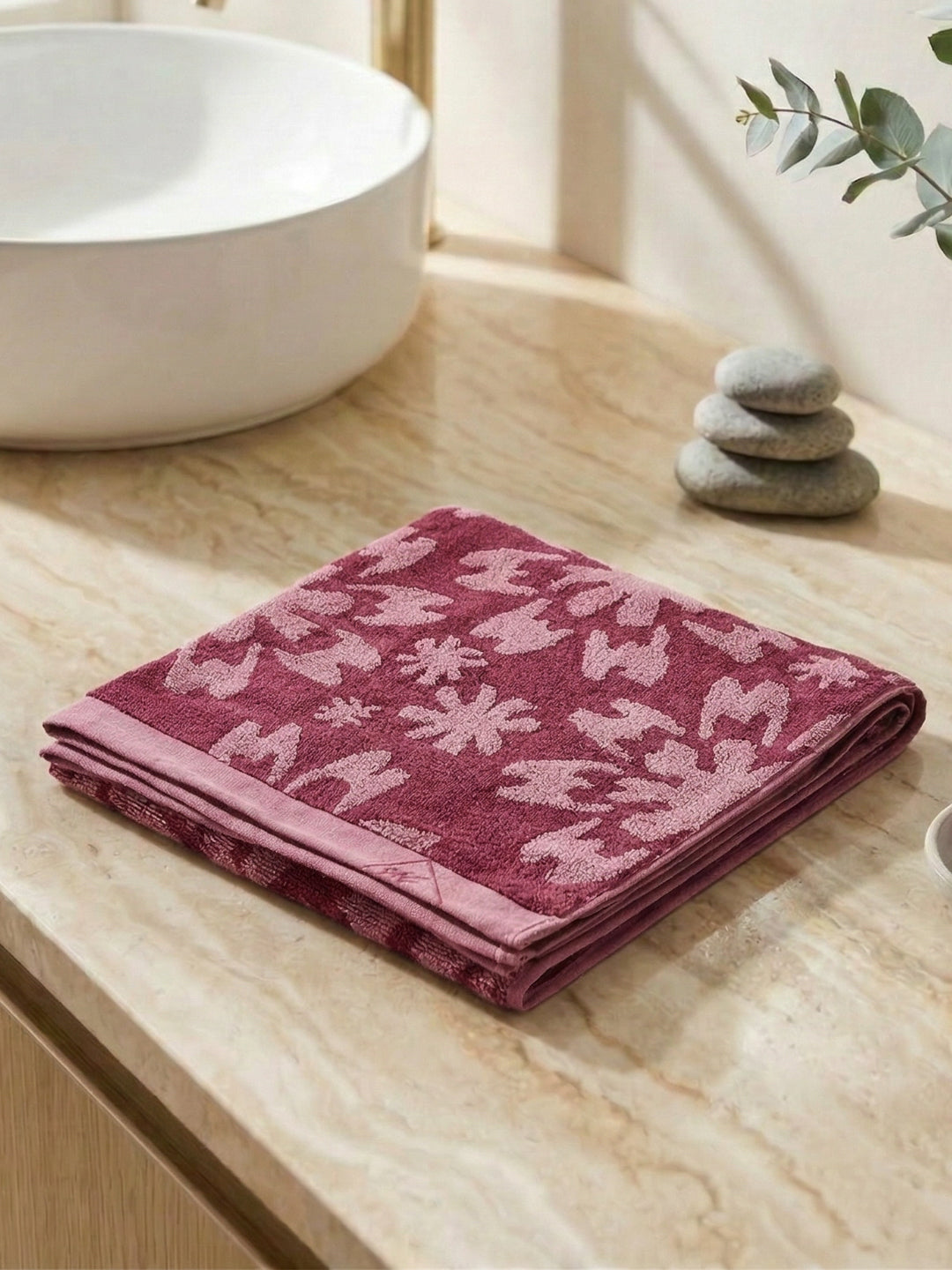 Luxury Burgundy Bamboo Cotton Self Design 630 GSM Bath Towel Eco Bamboo Bliss 1 Pc Pvc