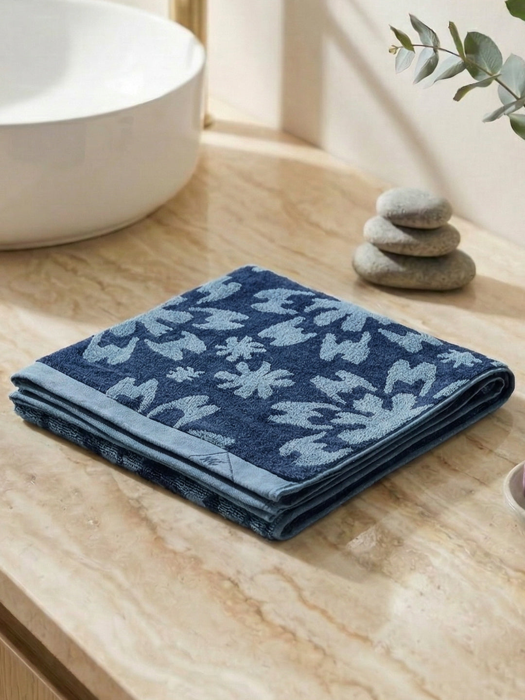 Luxury Navy Blue Bamboo Cotton Self Design 630 GSM Bath Towel Eco Bamboo Bliss 1 Pc Box Pack