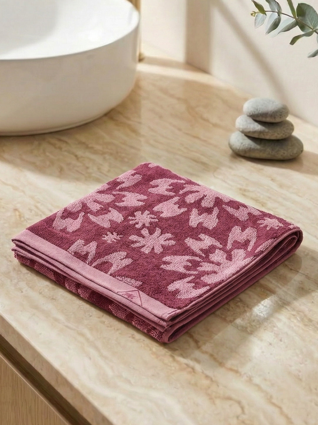 Luxury Burgundy Bamboo Cotton Self Design 630 GSM Bath Towel Eco Bamboo Bliss 1 Pc Box Pack