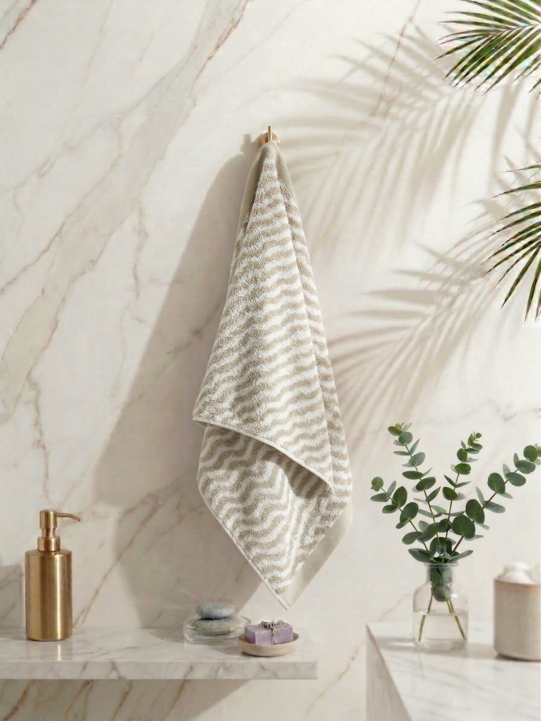 Premium Beige & White Pure Cotton Self Design 500 GSM Bath Towel 1 Piece (Green Weave Collection)