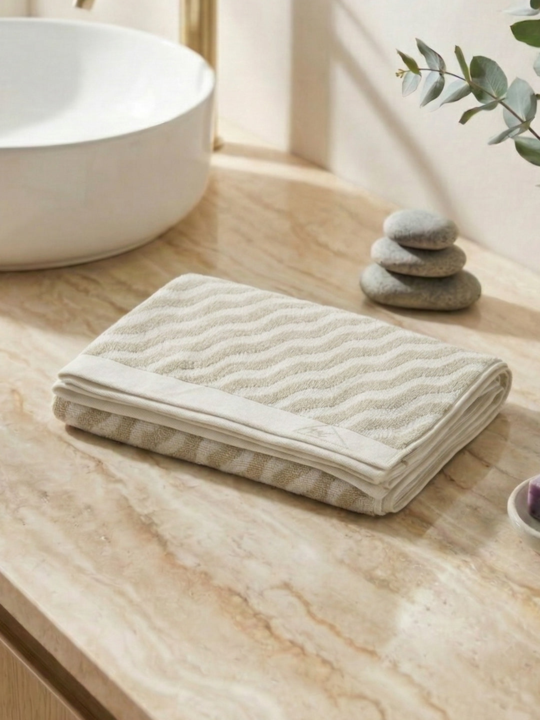 Premium Beige & White Pure Cotton Self Design 500 GSM Bath Towel 1 Piece (Green Weave Collection)