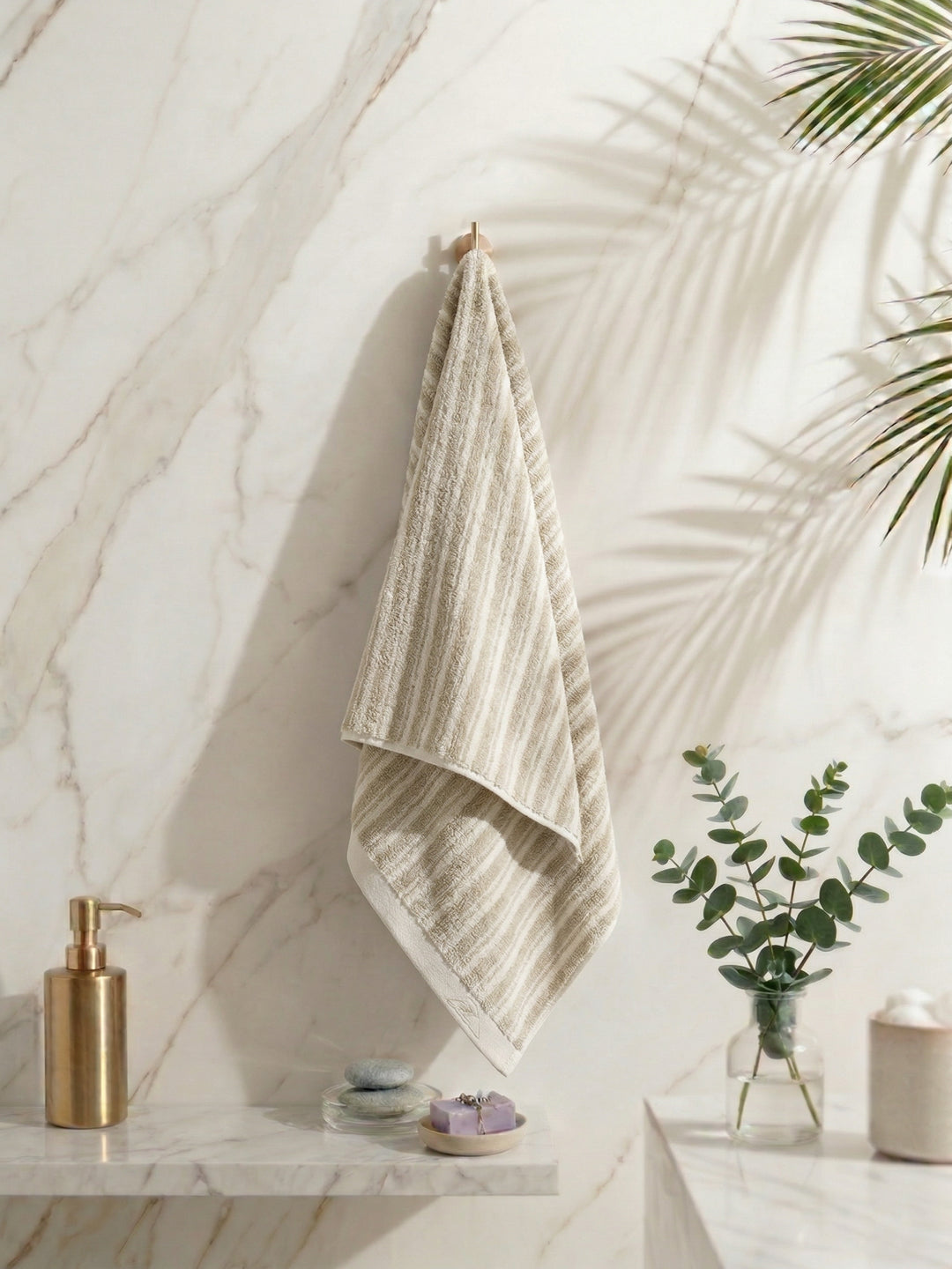 Premium Beige & White Pure Cotton Self Design 500 GSM Bath Towel 1 Piece (Green Weave Collection)