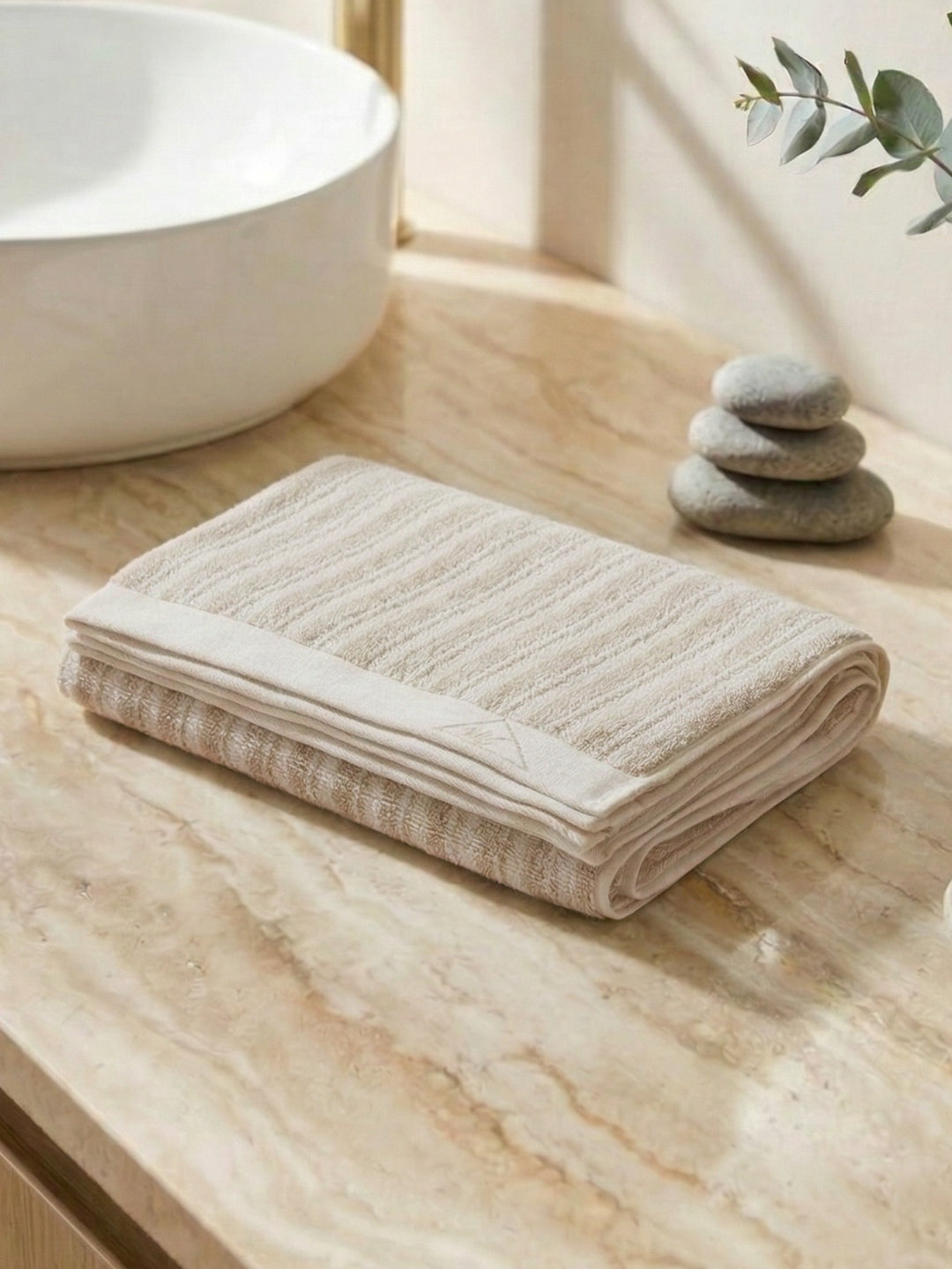 Premium Beige & White Pure Cotton Self Design 500 GSM Bath Towel 1 Piece (Green Weave Collection)