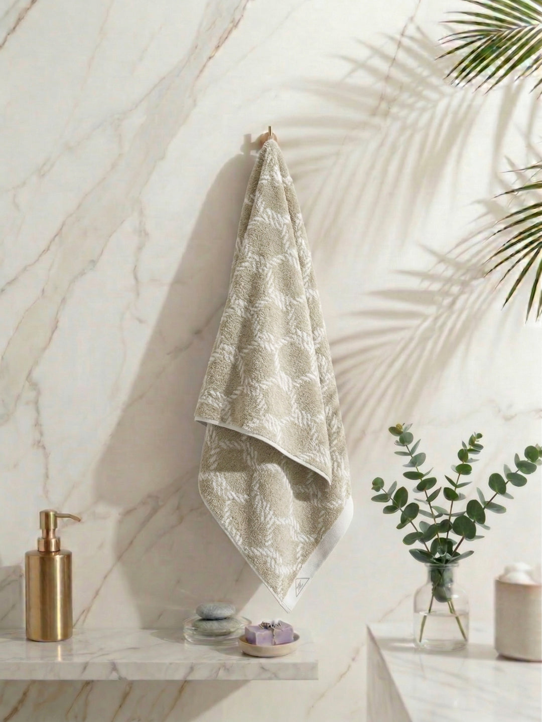 Premium Beige & White Pure Cotton Self Design 500 GSM Bath Towel 1 Piece (Green Weave Collection)