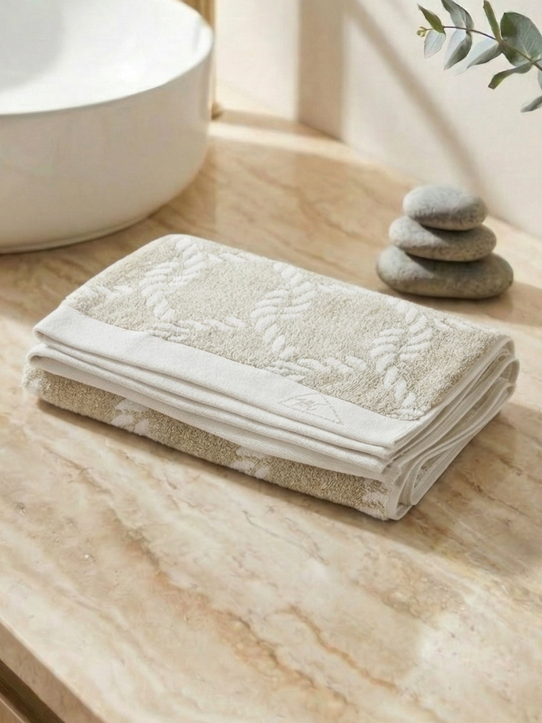 Premium Beige & White Pure Cotton Self Design 500 GSM Bath Towel 1 Piece (Green Weave Collection)