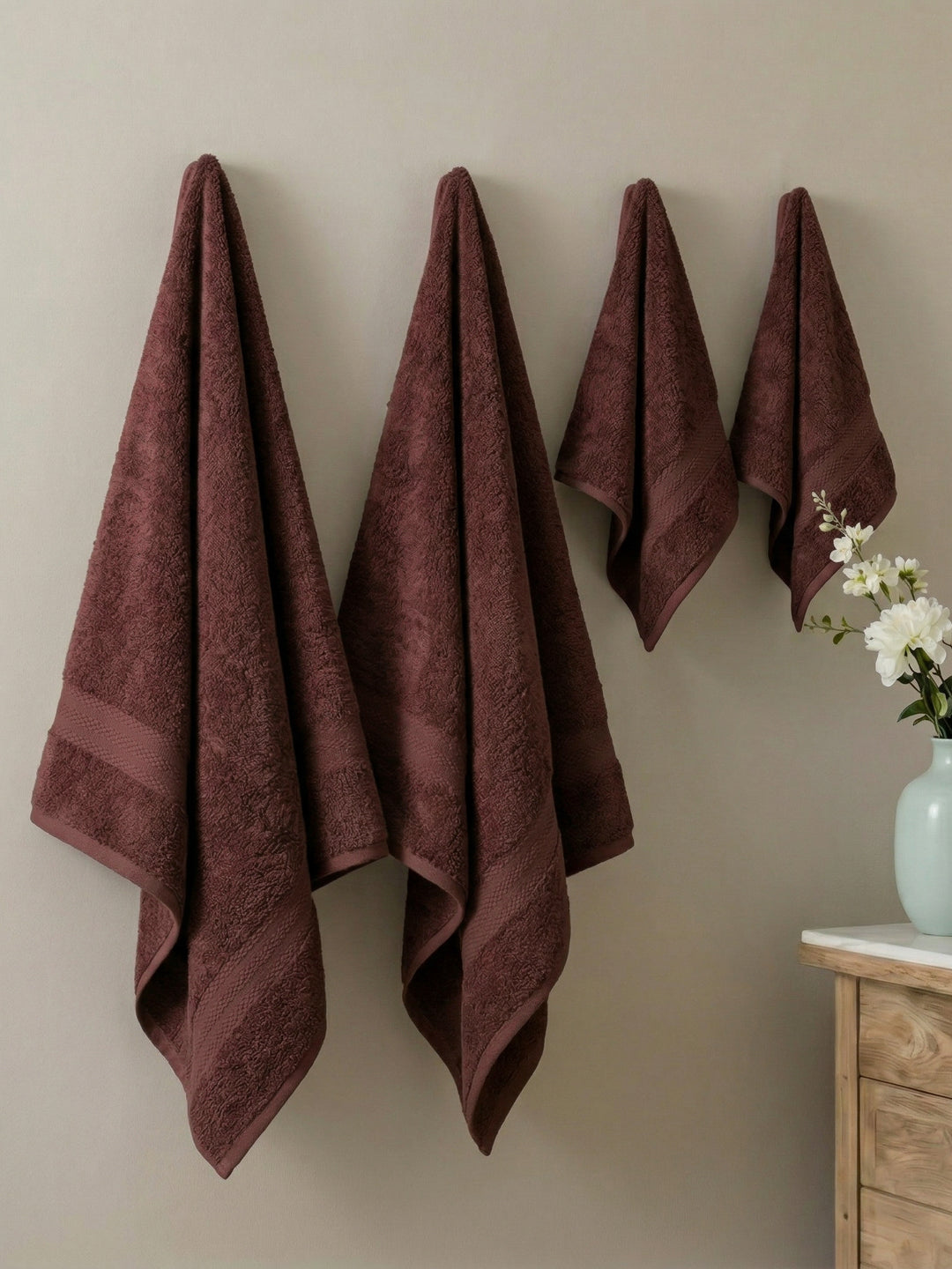 Brown 100% Cotton Solid 380 GSM Bath Towel Jazz 4 Pc Set Gifting Box Pack