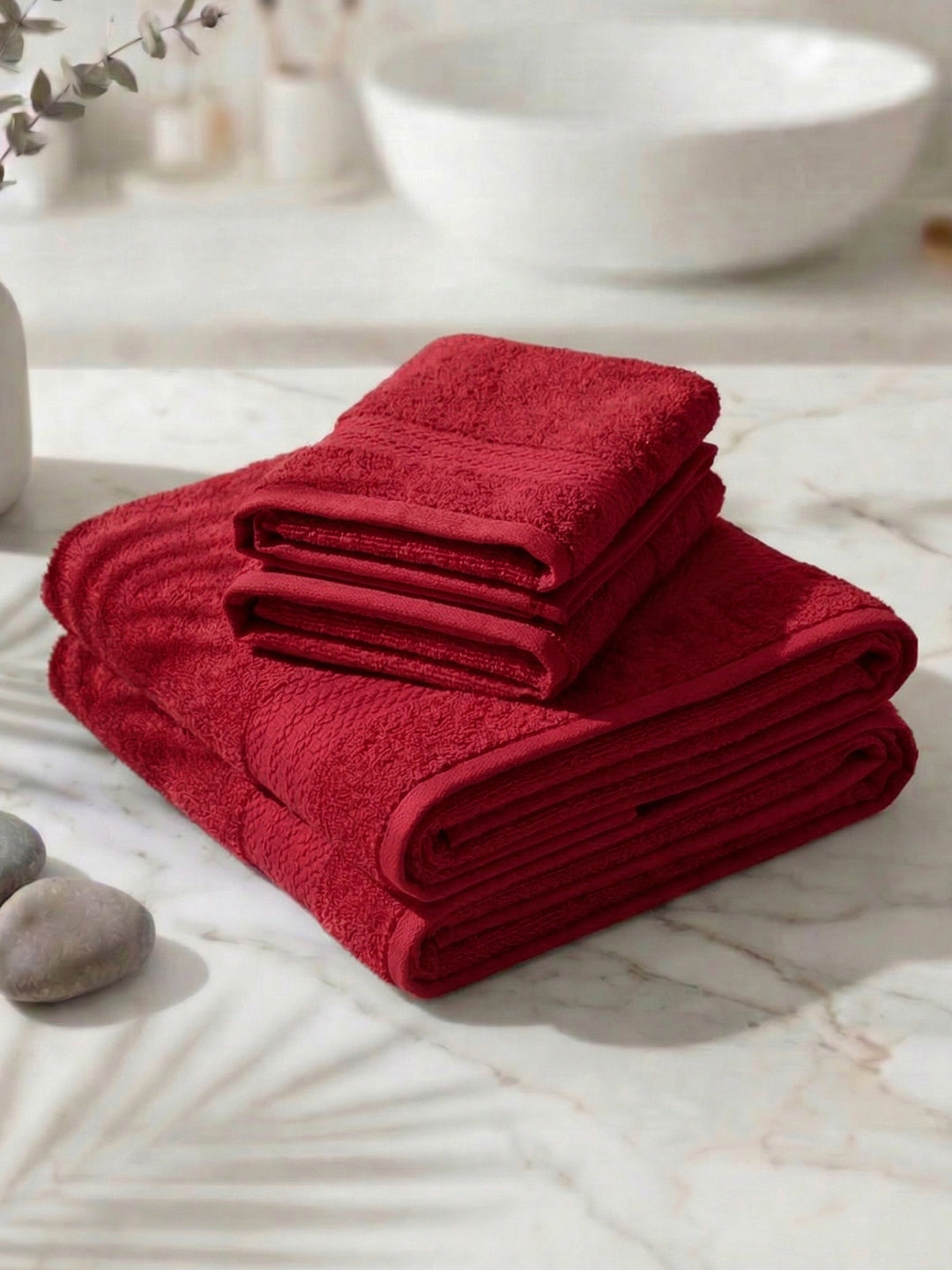 Rose Red 100% Cotton Solid 380 GSM Bath Towel Jazz 4 Pc Set Gifting Box Pack