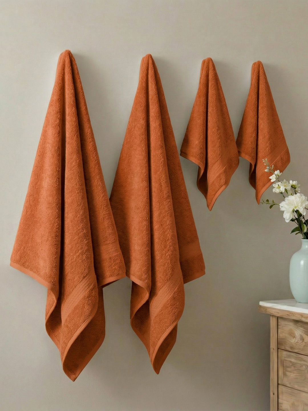 Orange 100% Cotton Solid 380 GSM Bath Towel Jazz 4 Pc Set Gifting Box Pack
