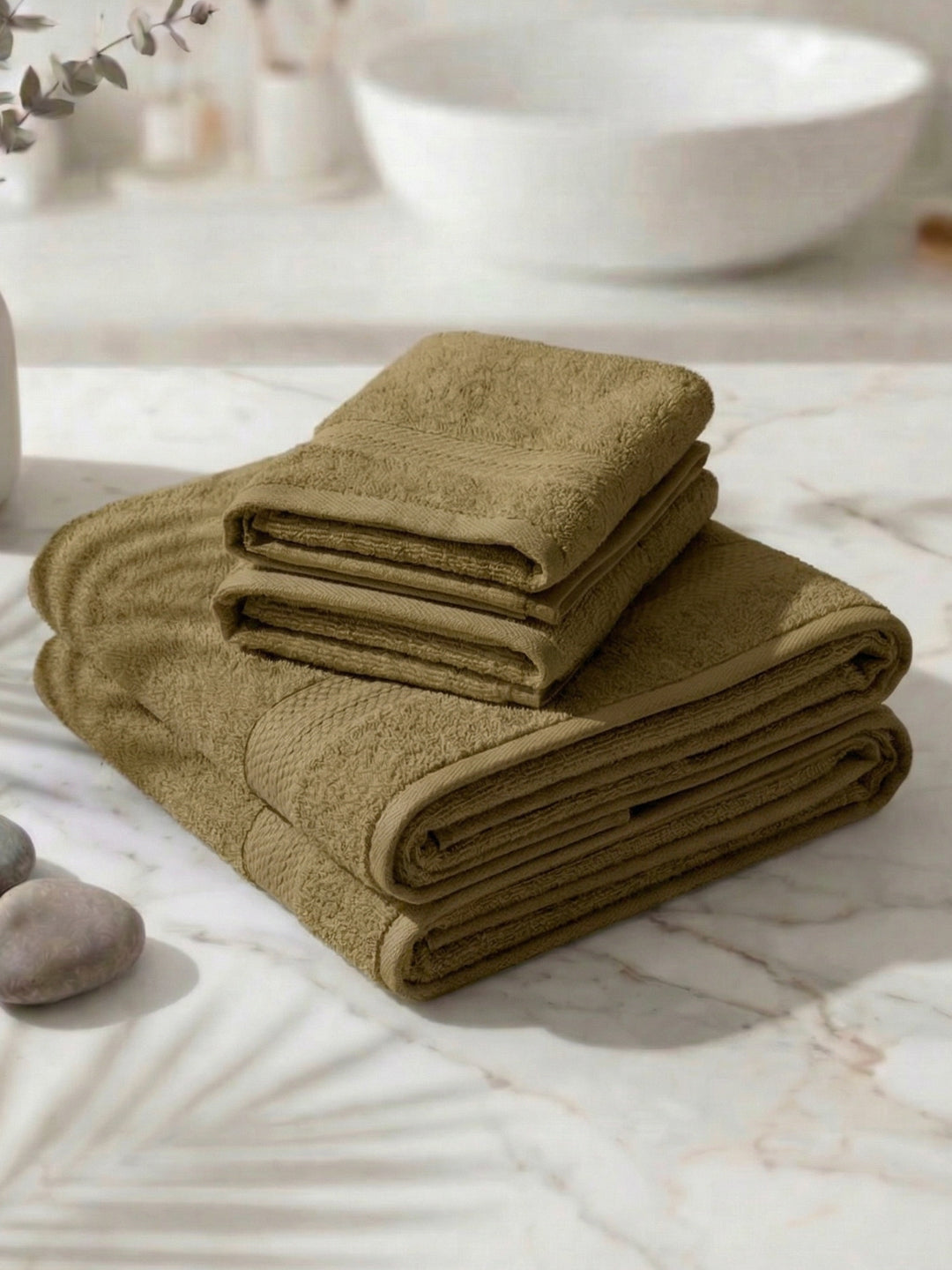 Khaki 100% Cotton Solid 380 GSM Bath Towel Jazz 4 Pc Set Gifting Box Pack